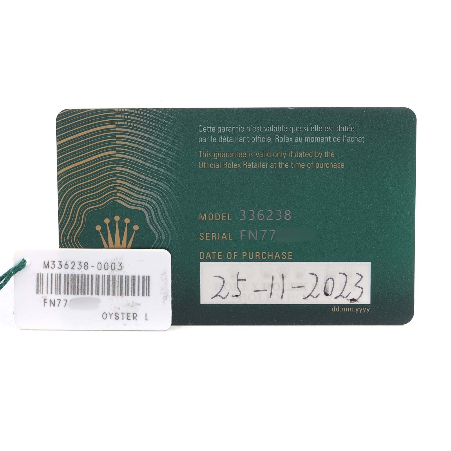 The image shows a warranty card for the Rolex Sky-Dweller 336238 Men's Yellow Gold White Dial, displaying the model number, serial number, and purchase date.