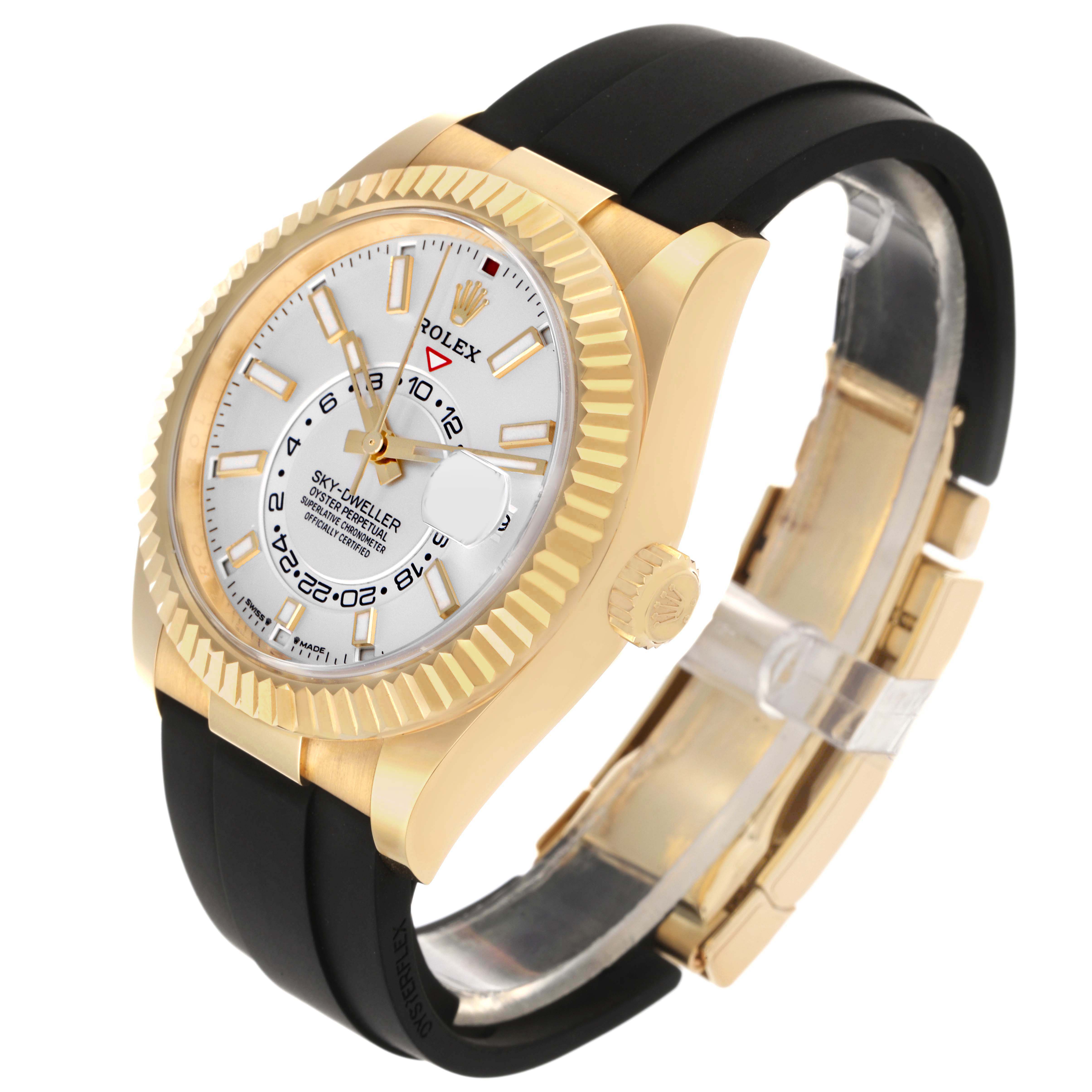 The Rolex Sky-Dweller 336238 Men's Yellow Gold White Dial watch is shown from a three-quarter angle, displaying the face, bezel, crown, and strap.