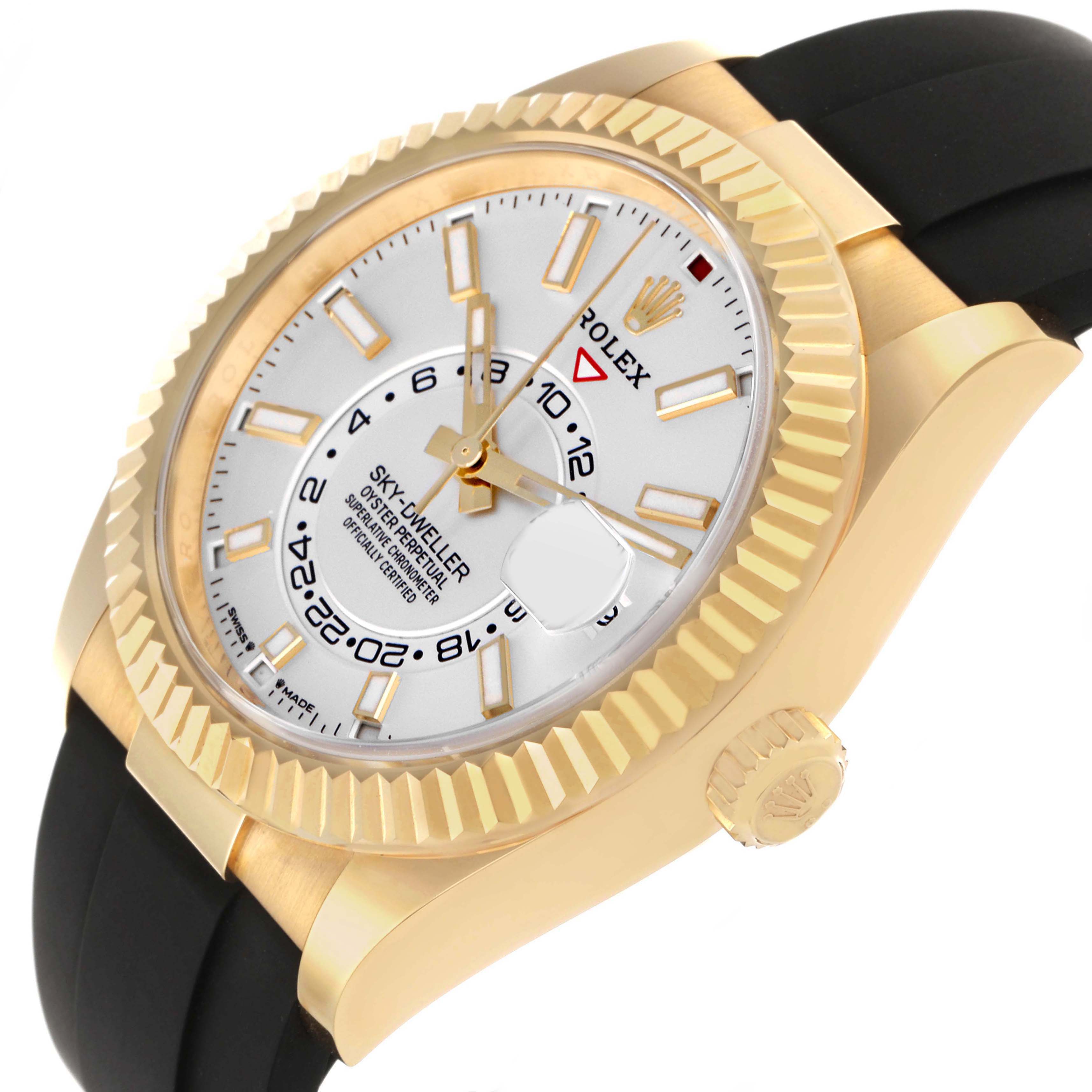 The Rolex Sky-Dweller 336238 Men's Yellow Gold White Dial is shown at an angle highlighting the dial, bezel, crown, and black strap.