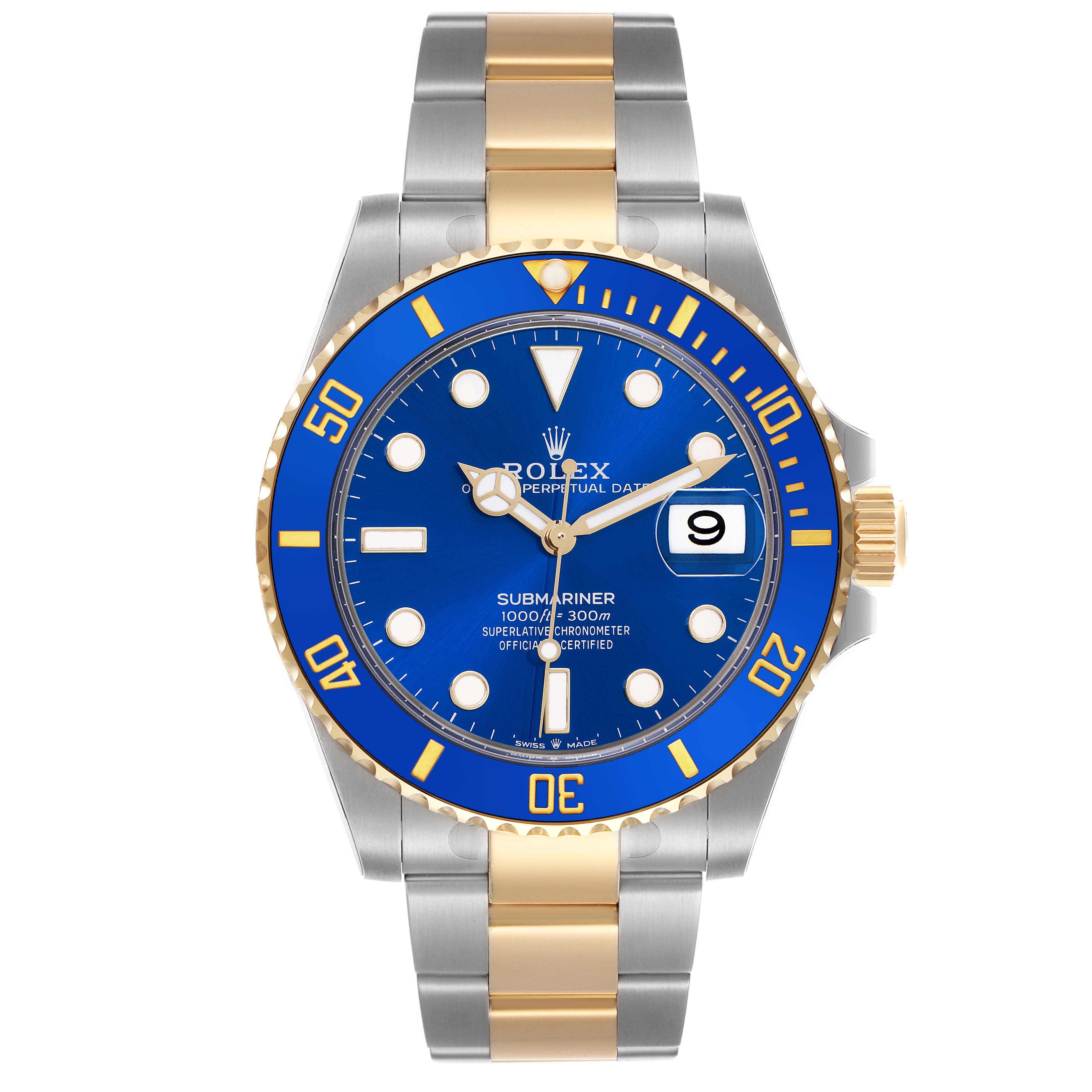 The Rolex Submariner 126613LB Men's Steel and Gold (two tone) Blue Dial 126613LB Men's Steel and Gold (two tone) Blue Dial watch is shown from the front, displaying its blue dial, gold and silver bracelet, and date magnifier.
