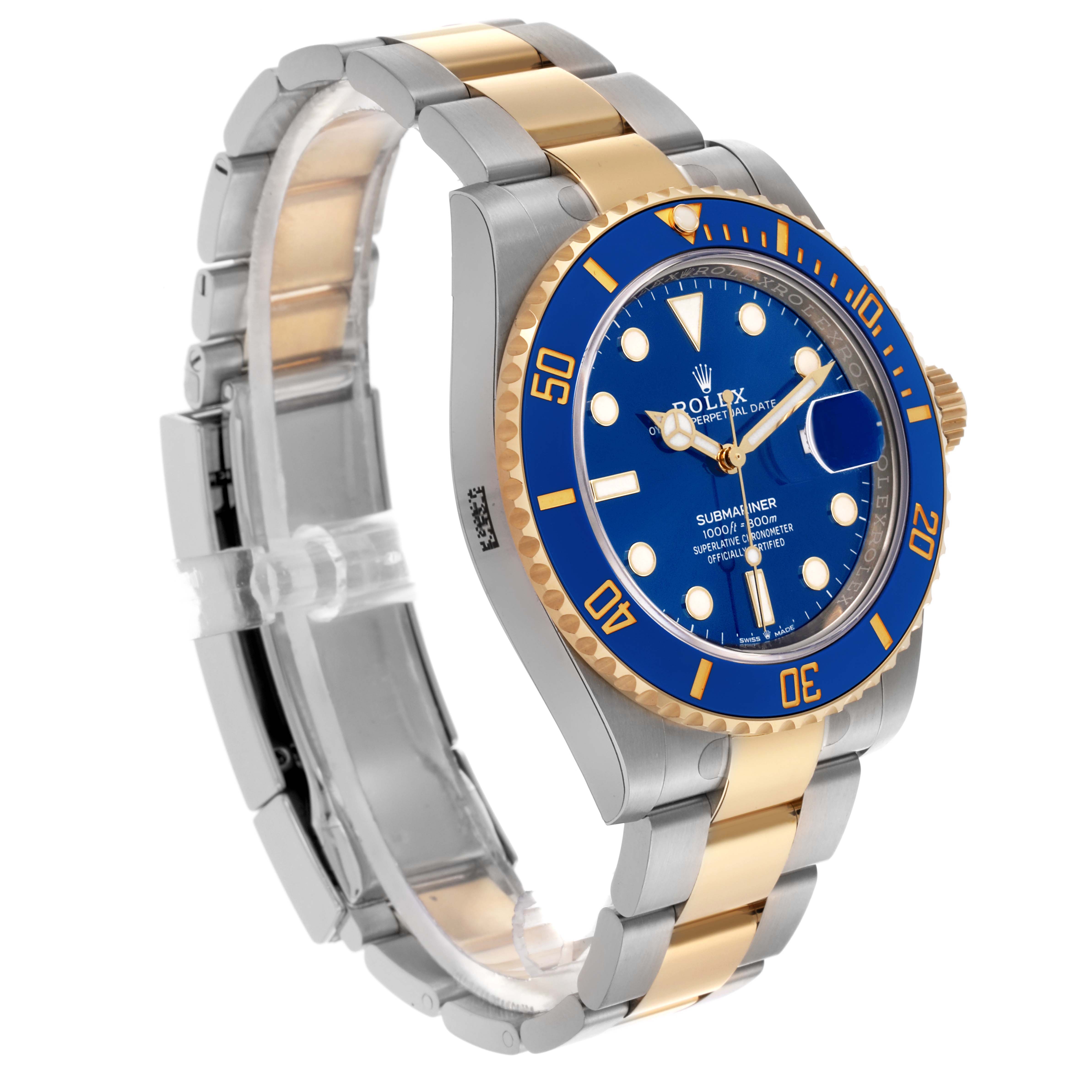 The Rolex Submariner 126613LB Men's Steel and Gold (two tone) Blue Dial 126613LB Men's Steel and Gold (two tone) Blue Dial watch is shown at an angled side view, displaying the bracelet, bezel, and dial.