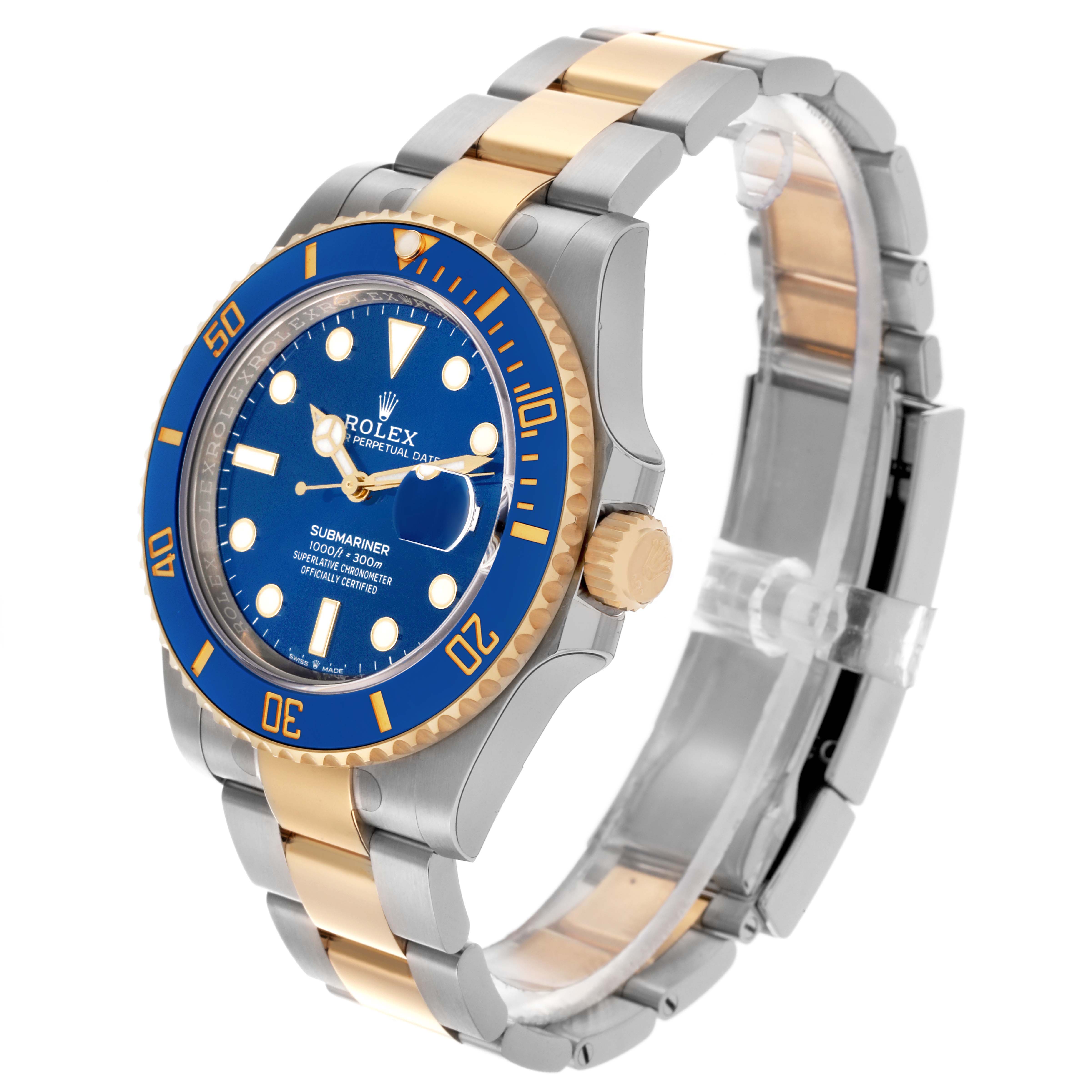 The Rolex Submariner 126613LB Men's Steel and Gold (two tone) Blue Dial 126613LB Men's Steel and Gold (two tone) Blue Dial watch is shown at a three-quarter angle, highlighting the bezel, crown, dial, and two-tone bracelet.