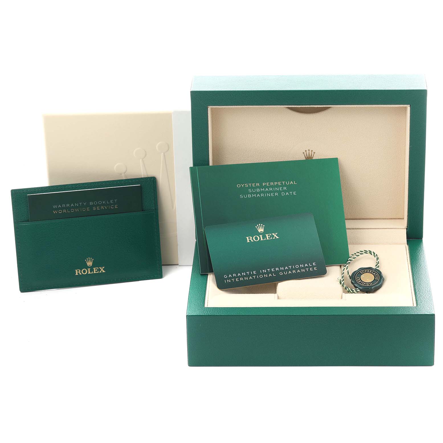 The image shows the Rolex Submariner 126613LB Men's Steel and Gold (two tone) Blue Dial 126613LB Men's Steel and Gold (two tone) Blue Dial watch's packaging, warranty booklets, and tags from a frontal angle.