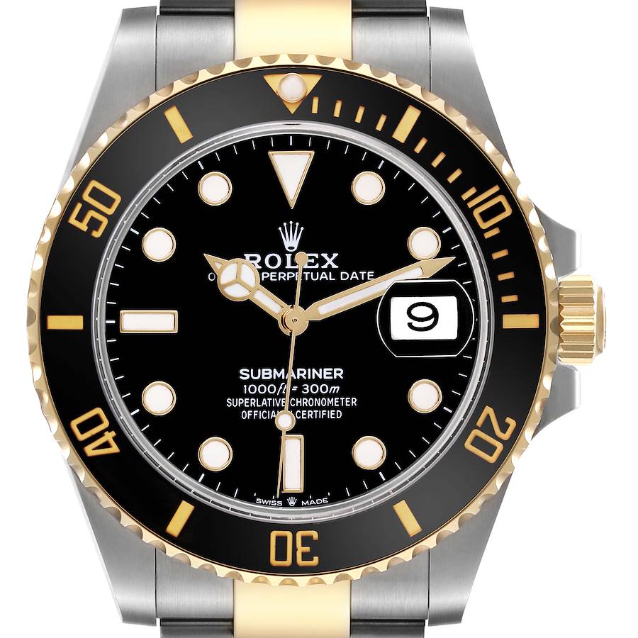 The Rolex Submariner watch is shown from a front angle, featuring the bezel, dial, hands, and crown.