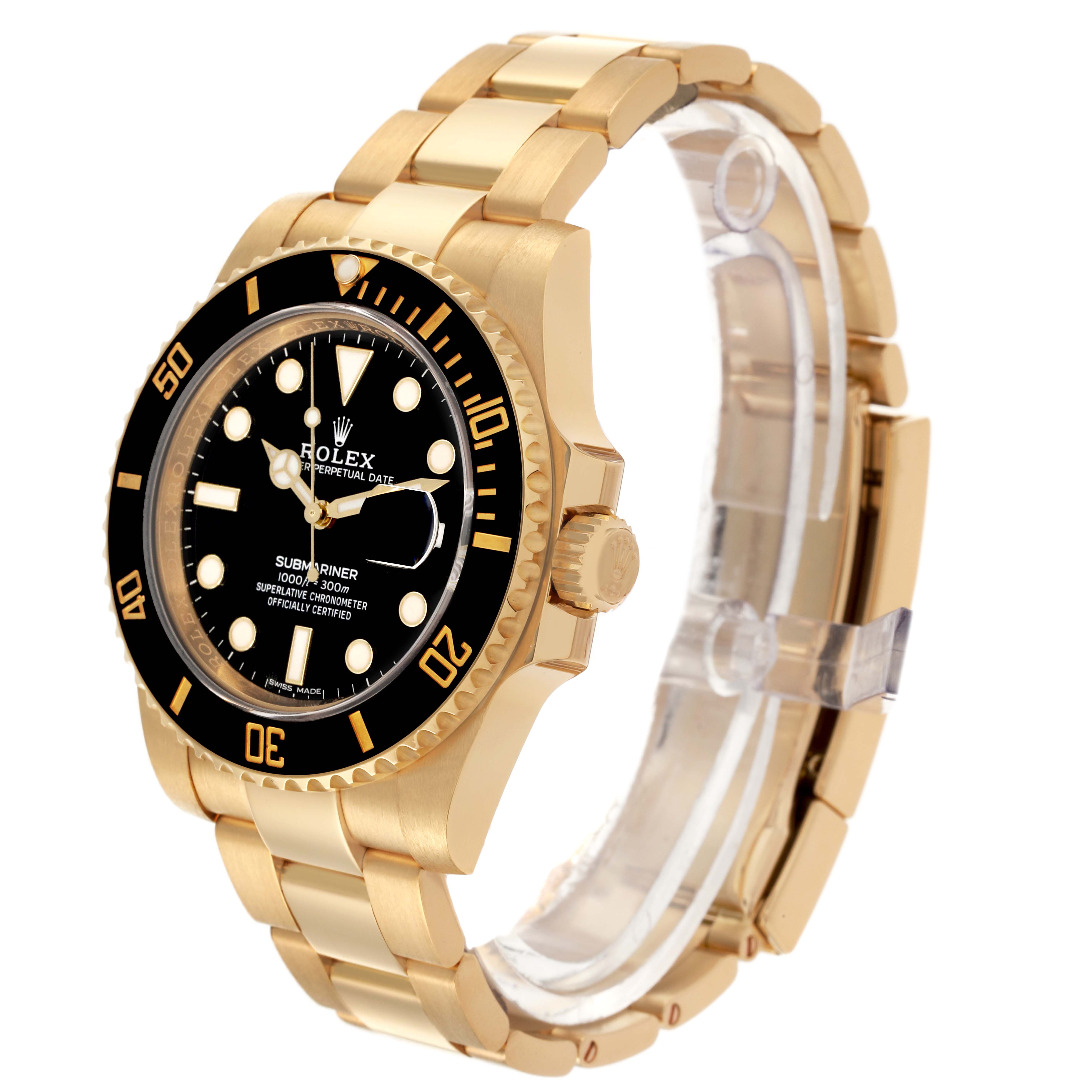 The Rolex Submariner 116618LN Men's Yellow Gold Black Dial 116618LN Men's Yellow Gold Black Dial watch is shown at an angle displaying the face, case, bezel, and part of the bracelet.