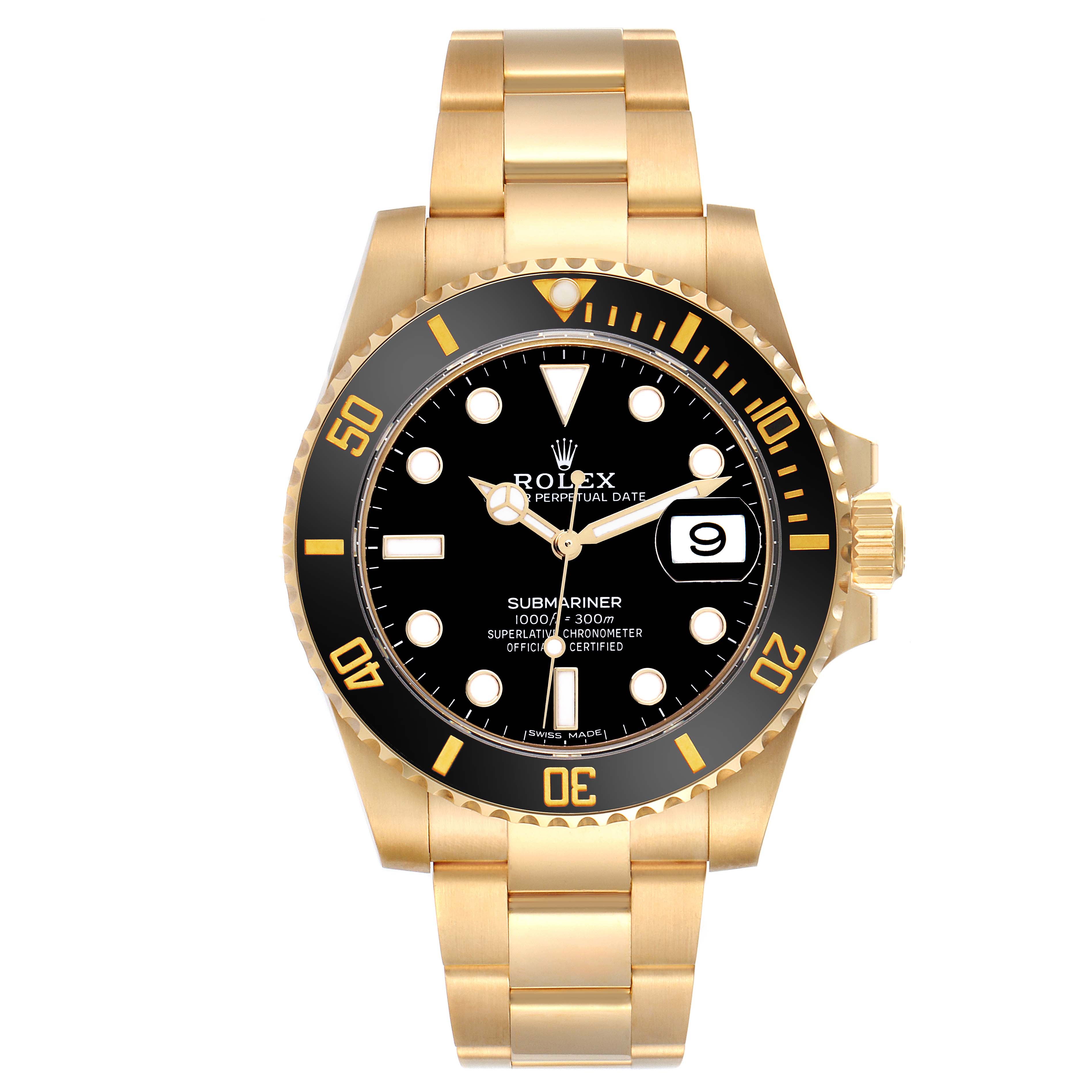 The Rolex Submariner 116618LN Men's Yellow Gold Black Dial 116618LN Men's Yellow Gold Black Dial watch is shown from a top-down angle, displaying the face, bezel, and bracelet.