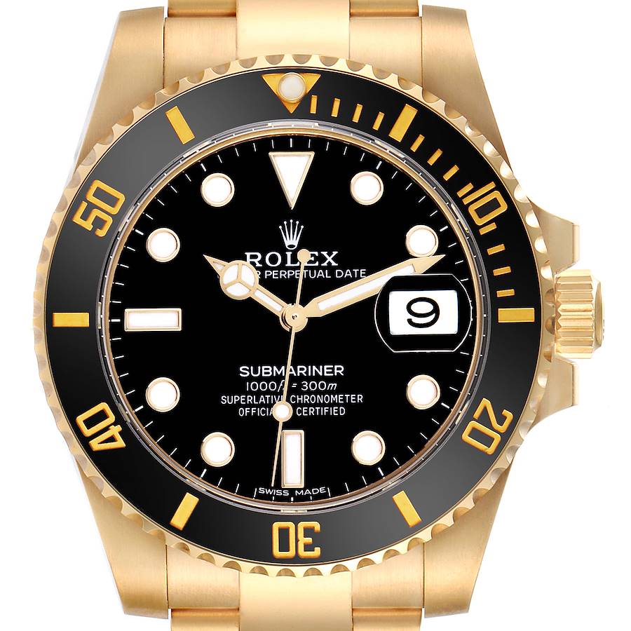 The image shows a front view of the Rolex Submariner, displaying its bezel, dial, hands, and bracelet.