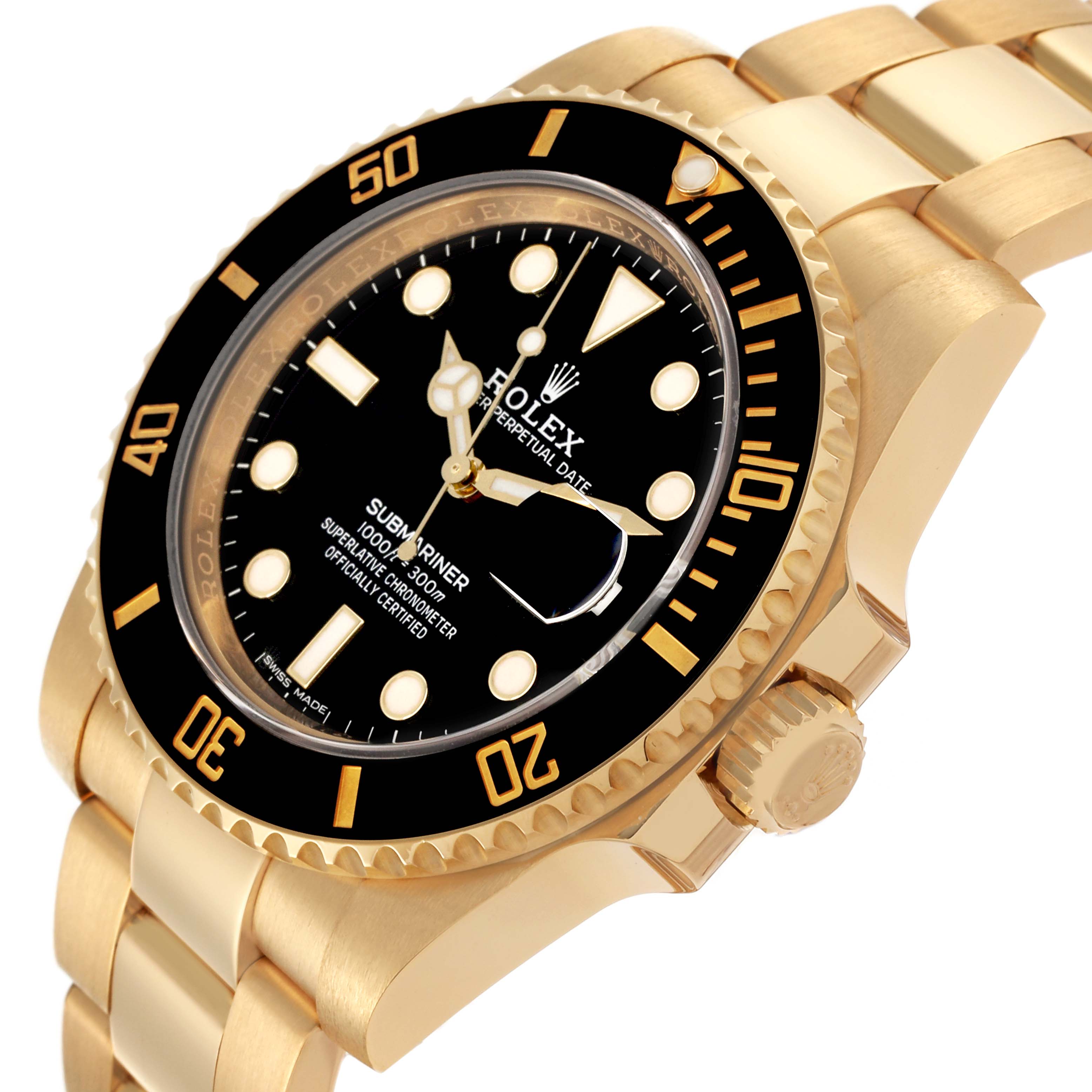 The Rolex Submariner 116618LN Men's Yellow Gold Black Dial 116618LN Men's Yellow Gold Black Dial watch is shown at a tilted angle, highlighting the bezel, black dial, and gold bracelet.