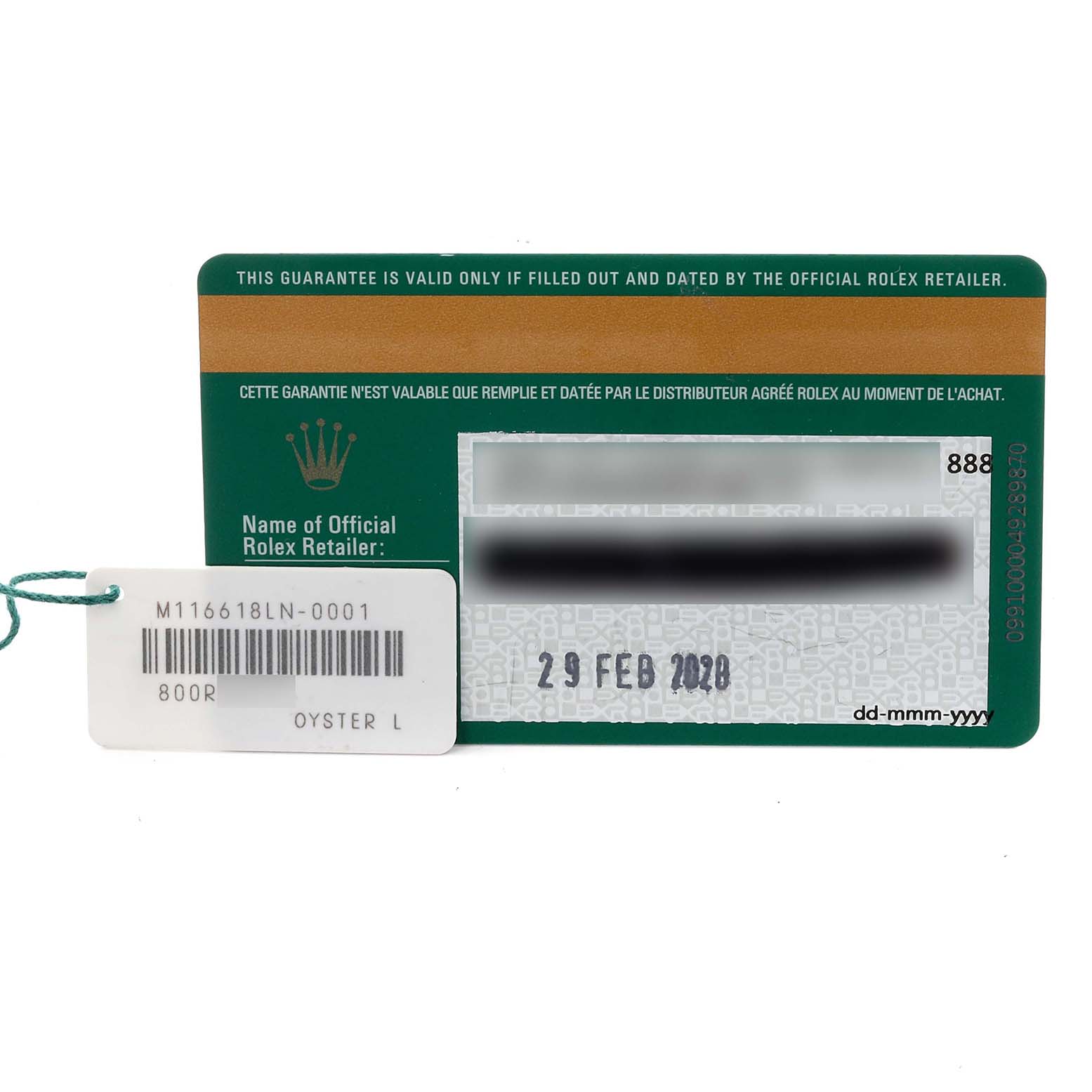 The image shows a warranty card and tag for a Rolex Submariner 116618LN Men's Yellow Gold Black Dial 116618LN Men's Yellow Gold Black Dial, including a barcode and serial number.