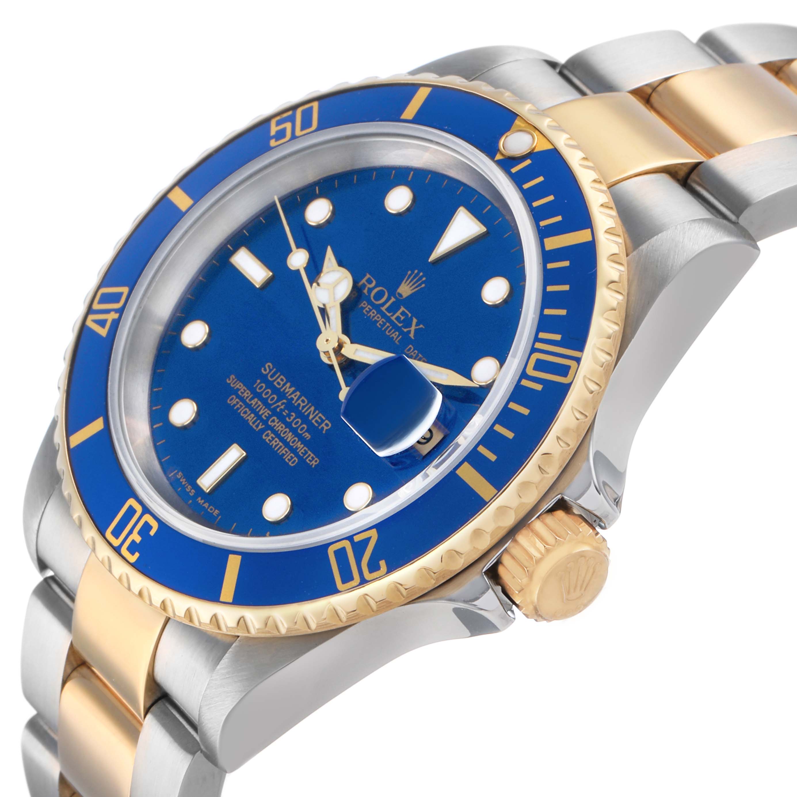 The Rolex Submariner 16613 Men's Steel and Gold (two tone) Blue Dial watch is shown from a side angle, highlighting its blue dial, bezel, and two-tone bracelet.