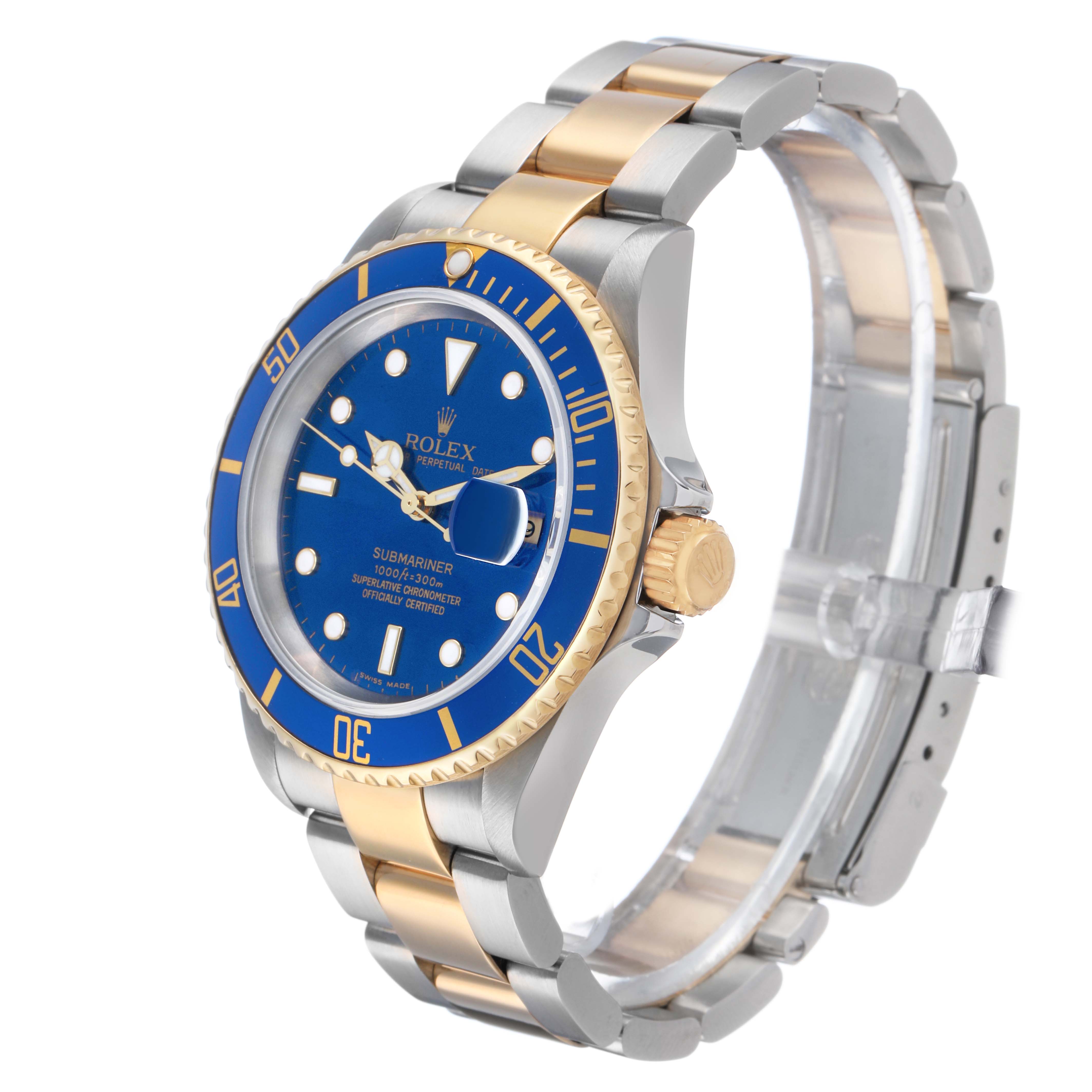 The Rolex Submariner 16613 Men's Steel and Gold (two tone) Blue Dial watch is shown at a 3/4 angle, displaying the dial, bezel, and bracelet.