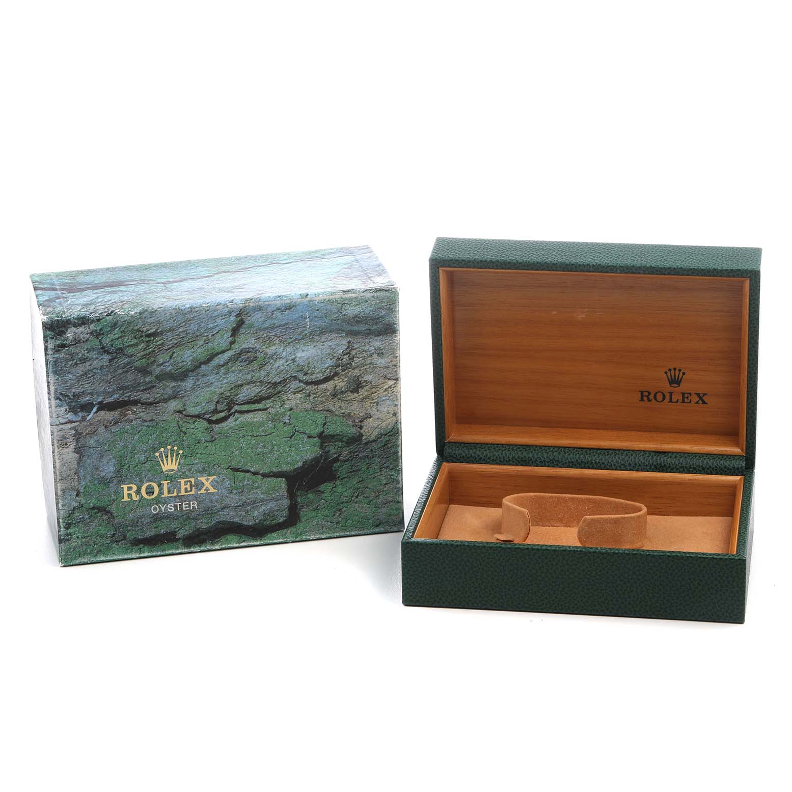 This image shows a Rolex Submariner 16613 Men's Steel and Gold (two tone) Blue Dial watch box and outer packaging from a front angle, featuring the open interior and branding.