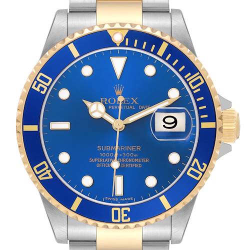 The Rolex Submariner 16613 Men's Steel and Gold (two tone) Blue Dial watch is shown from a top-down angle, highlighting the blue and gold bezel, dial, and bracelet.