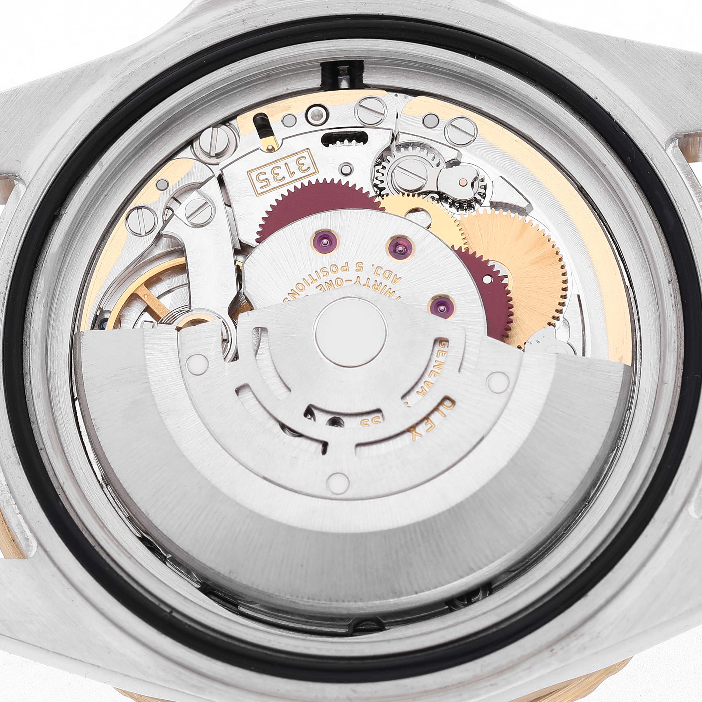 The image shows the internal mechanical movement of a Rolex Submariner 16613 Men's Steel and Gold (two tone) Blue Dial watch from a top-down angle.