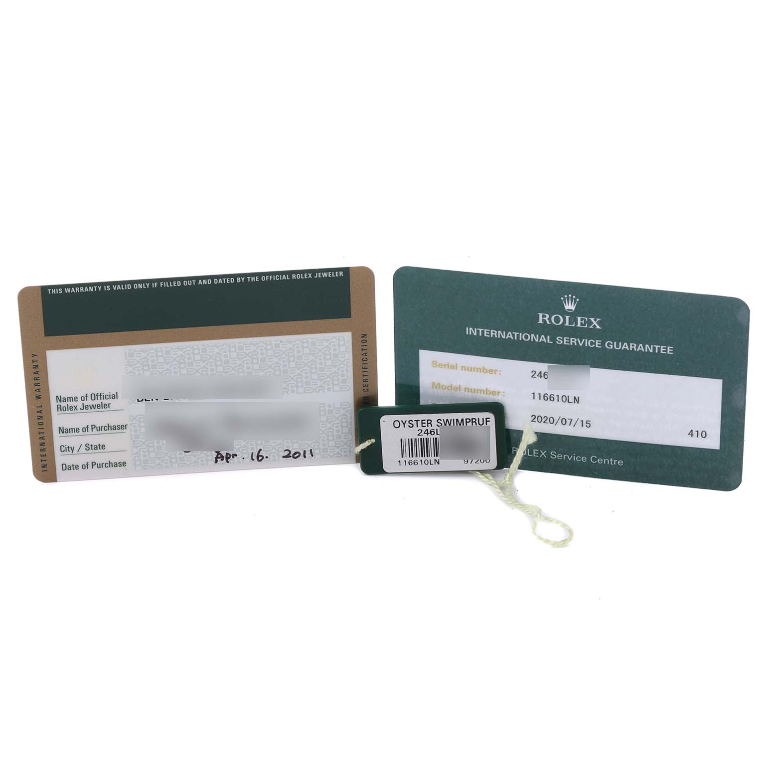 The image shows warranty and service guarantee cards and tags for a Rolex Submariner 116610LN Men's Stainless Steel Black Dial 116610LN Men's Stainless Steel Black Dial model.