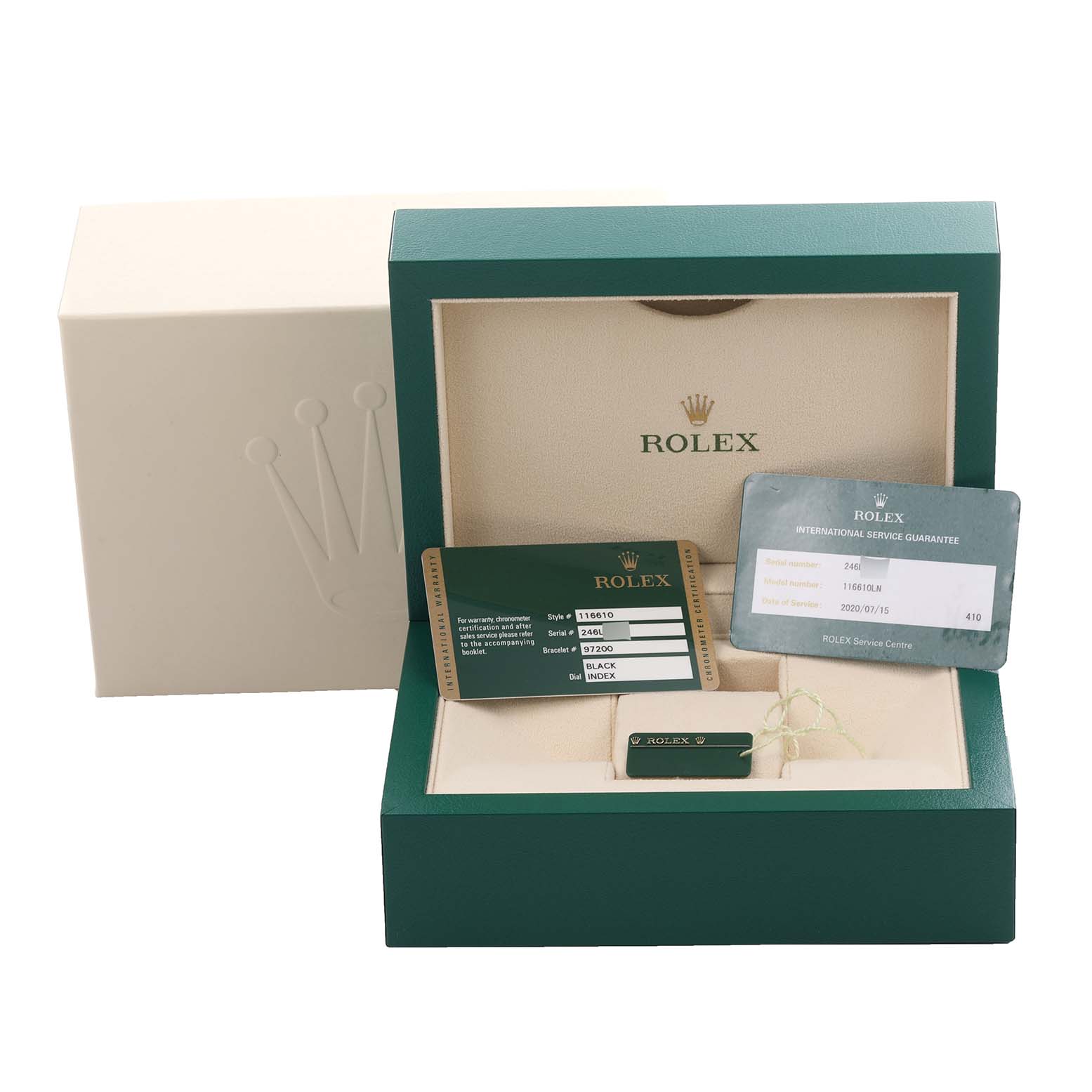 The image shows the packaging and accessories for a Rolex Submariner 116610LN Men's Stainless Steel Black Dial 116610LN Men's Stainless Steel Black Dial watch, including guarantee cards and a box at an angled view.