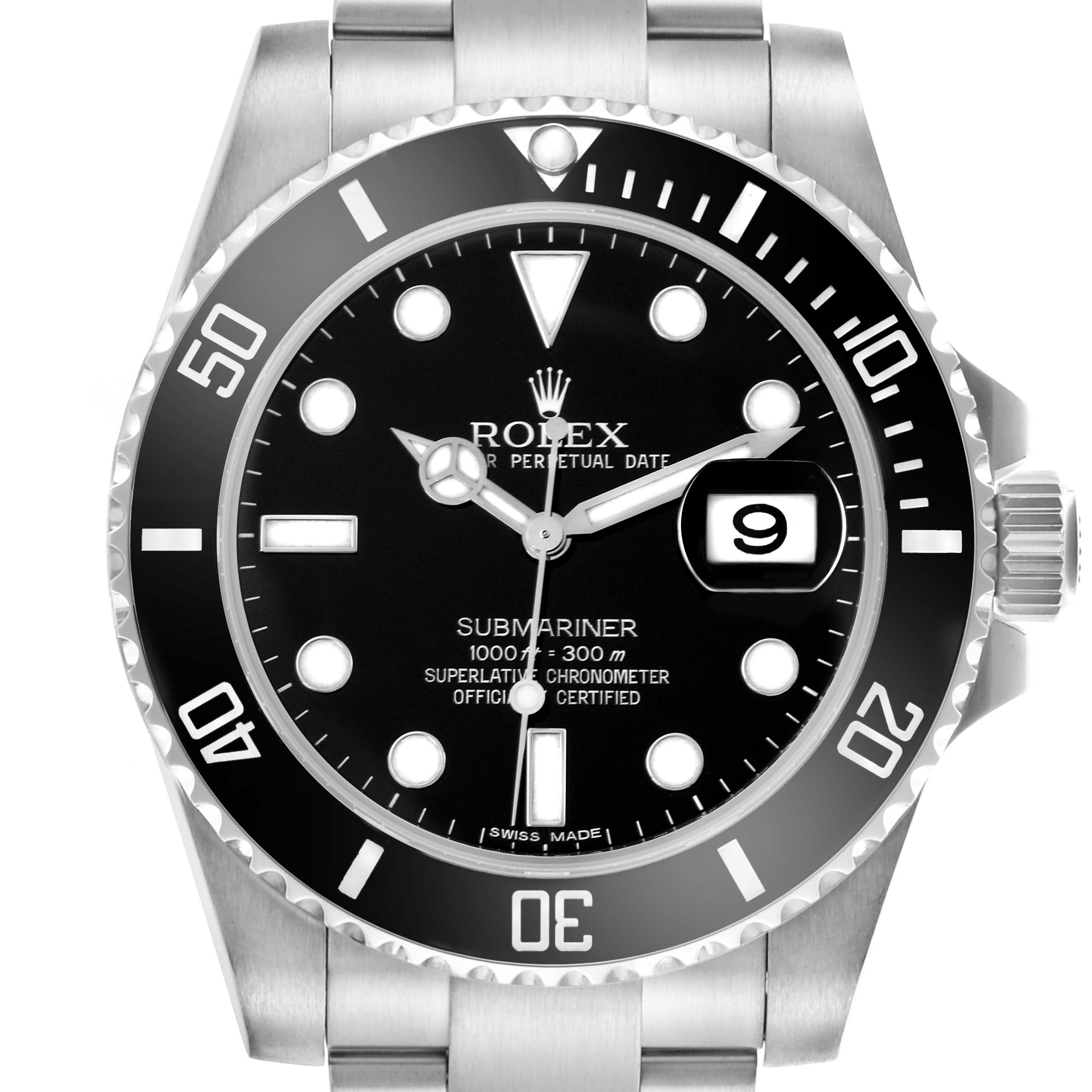 The Rolex Submariner 116610LN Men's Stainless Steel Black Dial 116610LN Men's Stainless Steel Black Dial watch is shown from a front angle highlighting the dial, bezel, and crown.