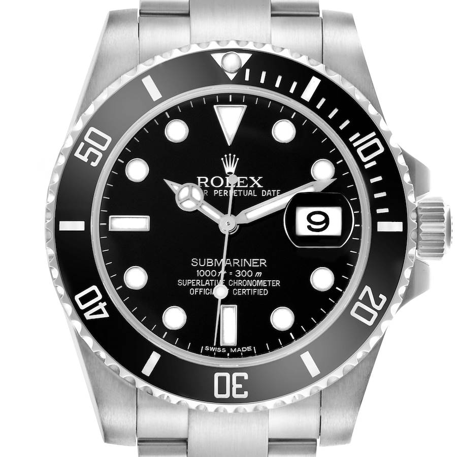 The Rolex Submariner watch is shown from a front angle highlighting the dial, bezel, and crown.