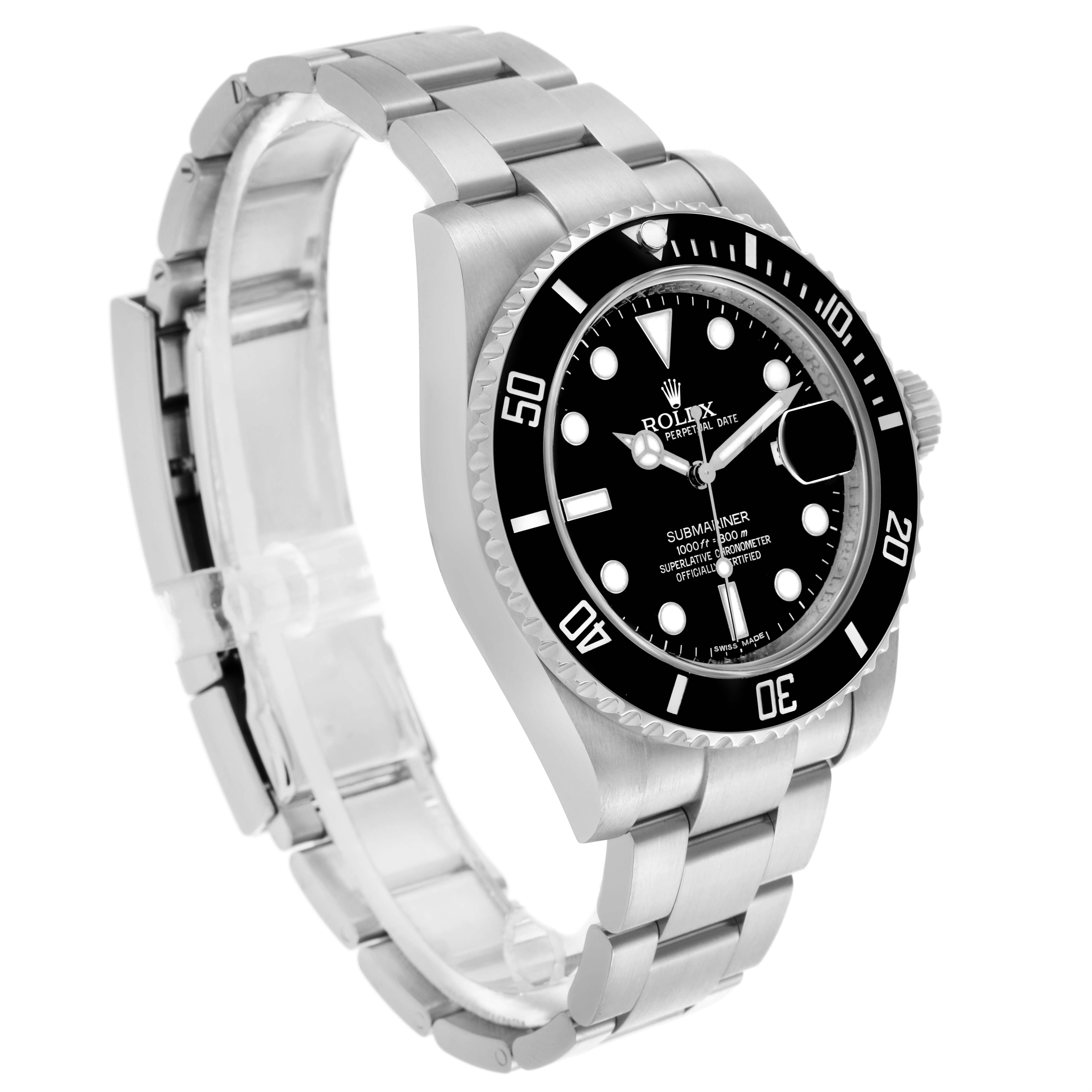 The Rolex Submariner 116610LN Men's Stainless Steel Black Dial 116610LN Men's Stainless Steel Black Dial watch is shown at a side angle displaying the bezel, dial, and bracelet.