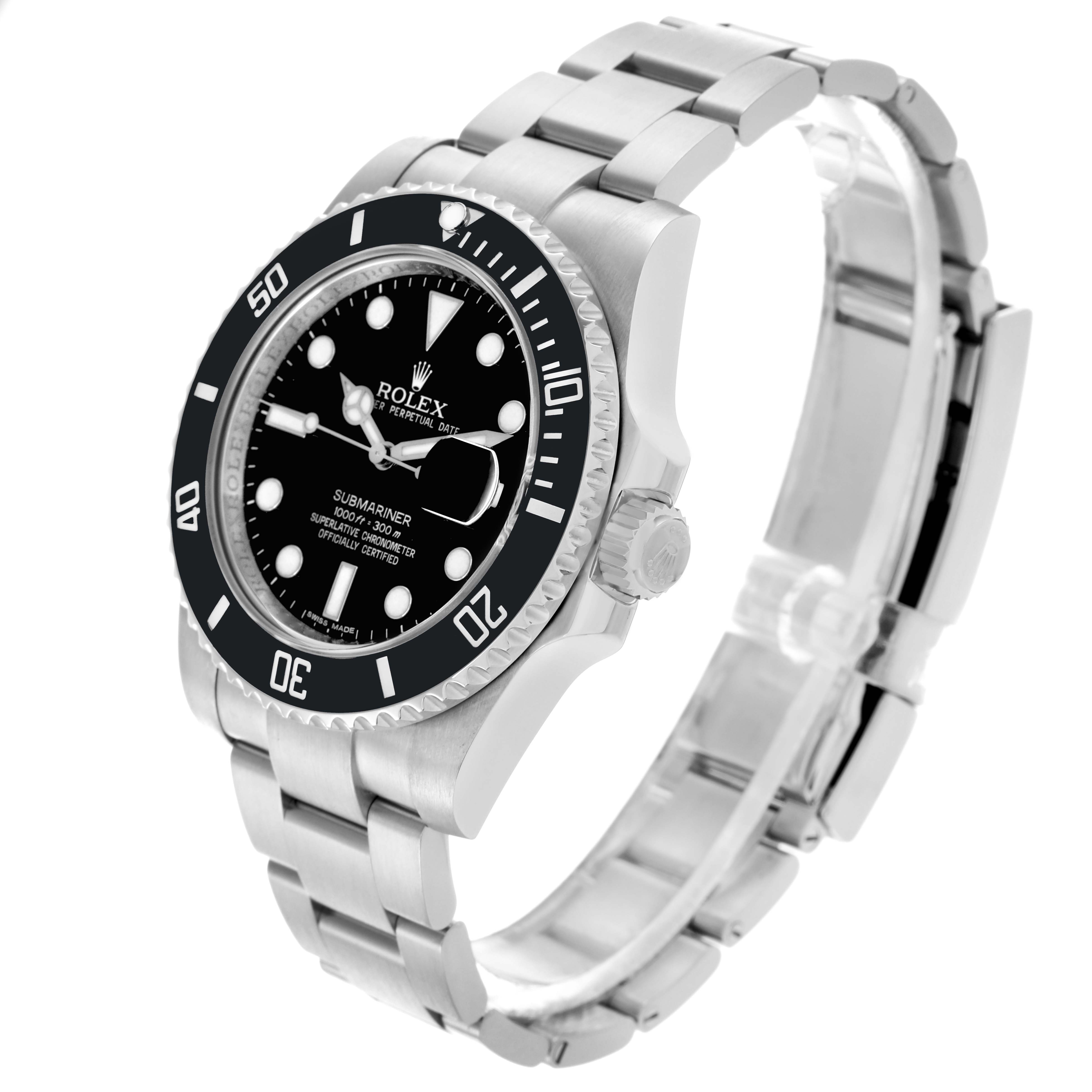 The Rolex Submariner 116610LN Men's Stainless Steel Black Dial 116610LN Men's Stainless Steel Black Dial watch is shown at a three-quarter angle, displaying the face, bezel, bracelet, and crown.