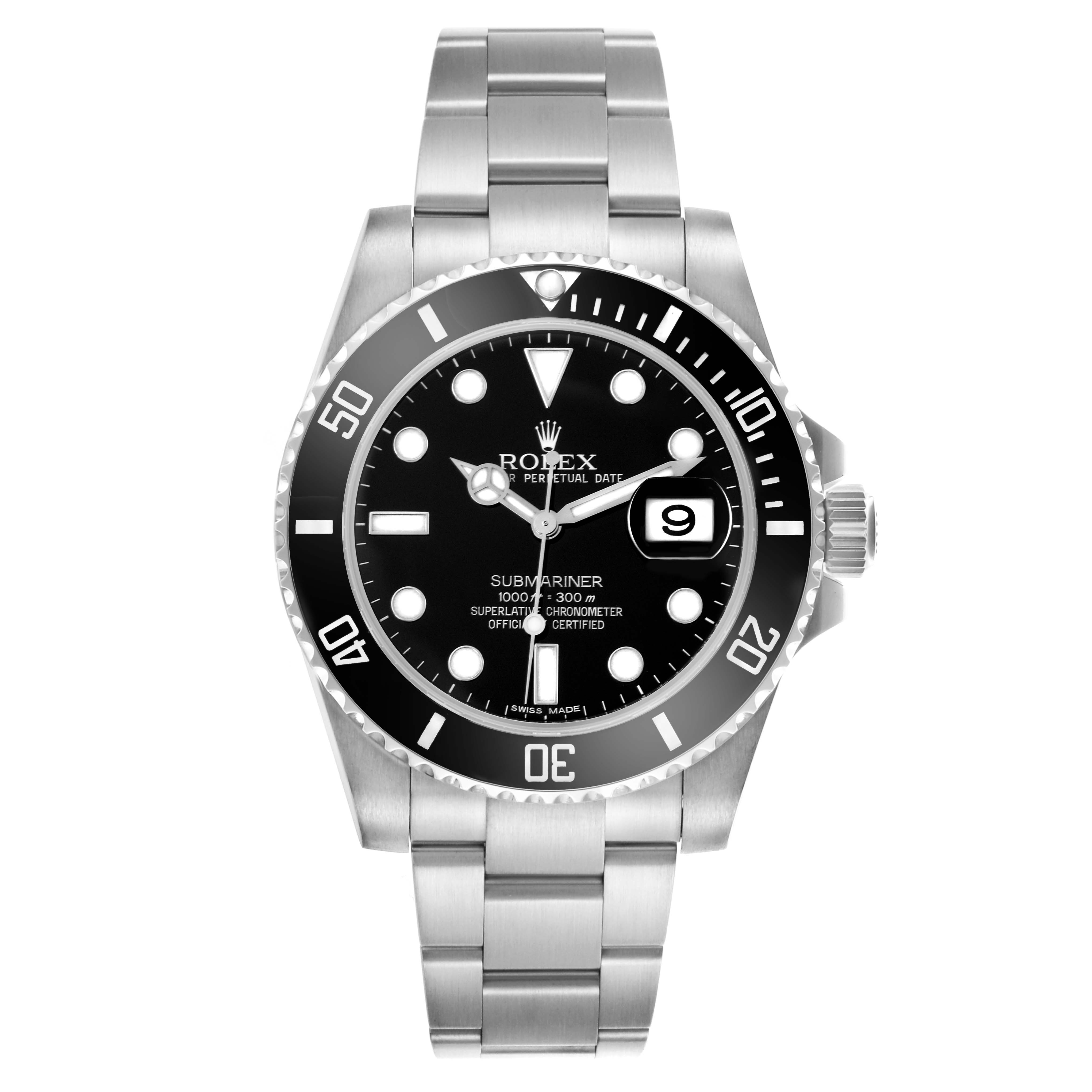 The Rolex Submariner 116610LN Men's Stainless Steel Black Dial 116610LN Men's Stainless Steel Black Dial watch is shown from a top-down angle, highlighting its dial, bezel, bracelet, and crown.