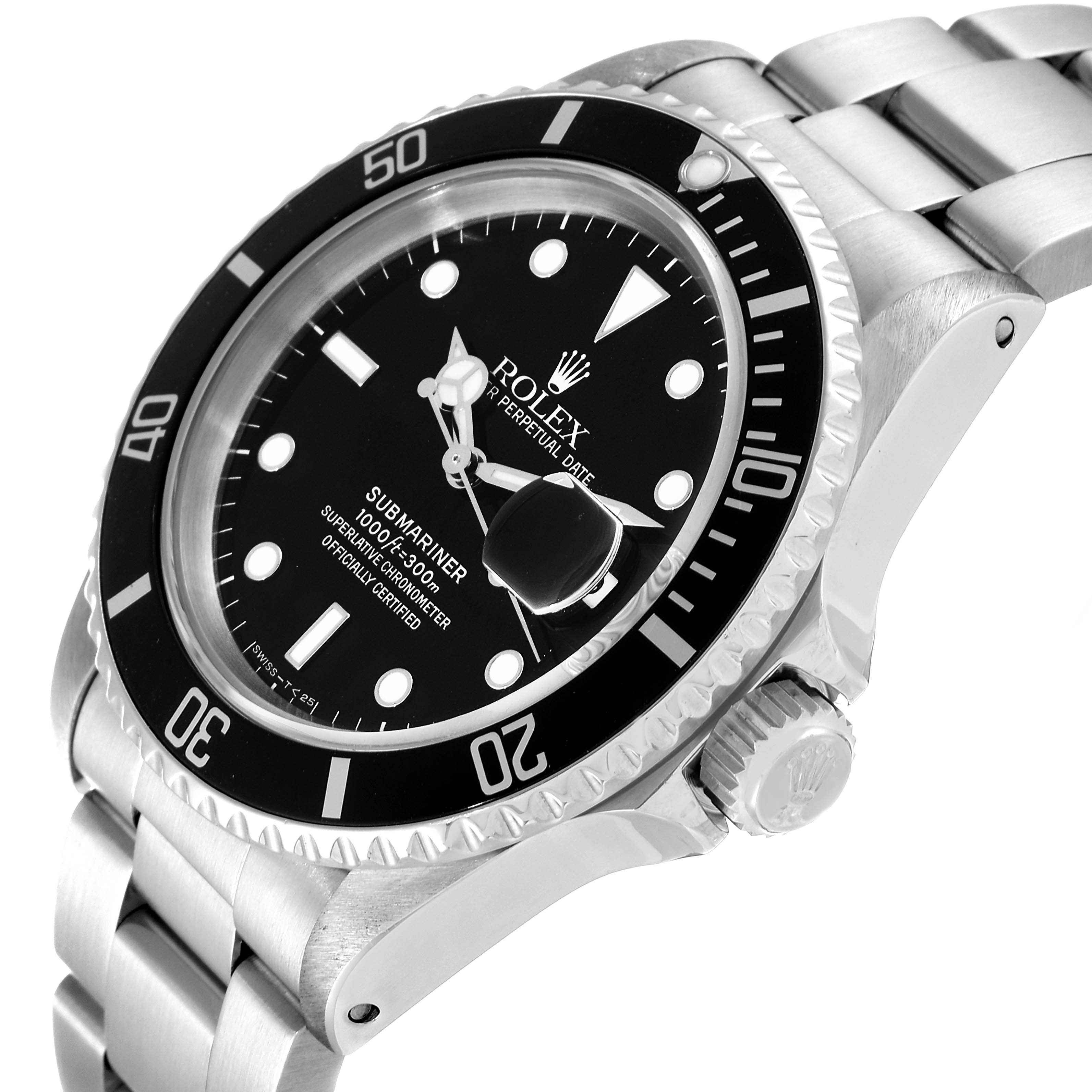 The image shows a Rolex Submariner 16610 Men's Stainless Steel Black Dial 16610 Men's Stainless Steel Black Dial watch at a three-quarter angle, highlighting the dial, bezel, and bracelet.