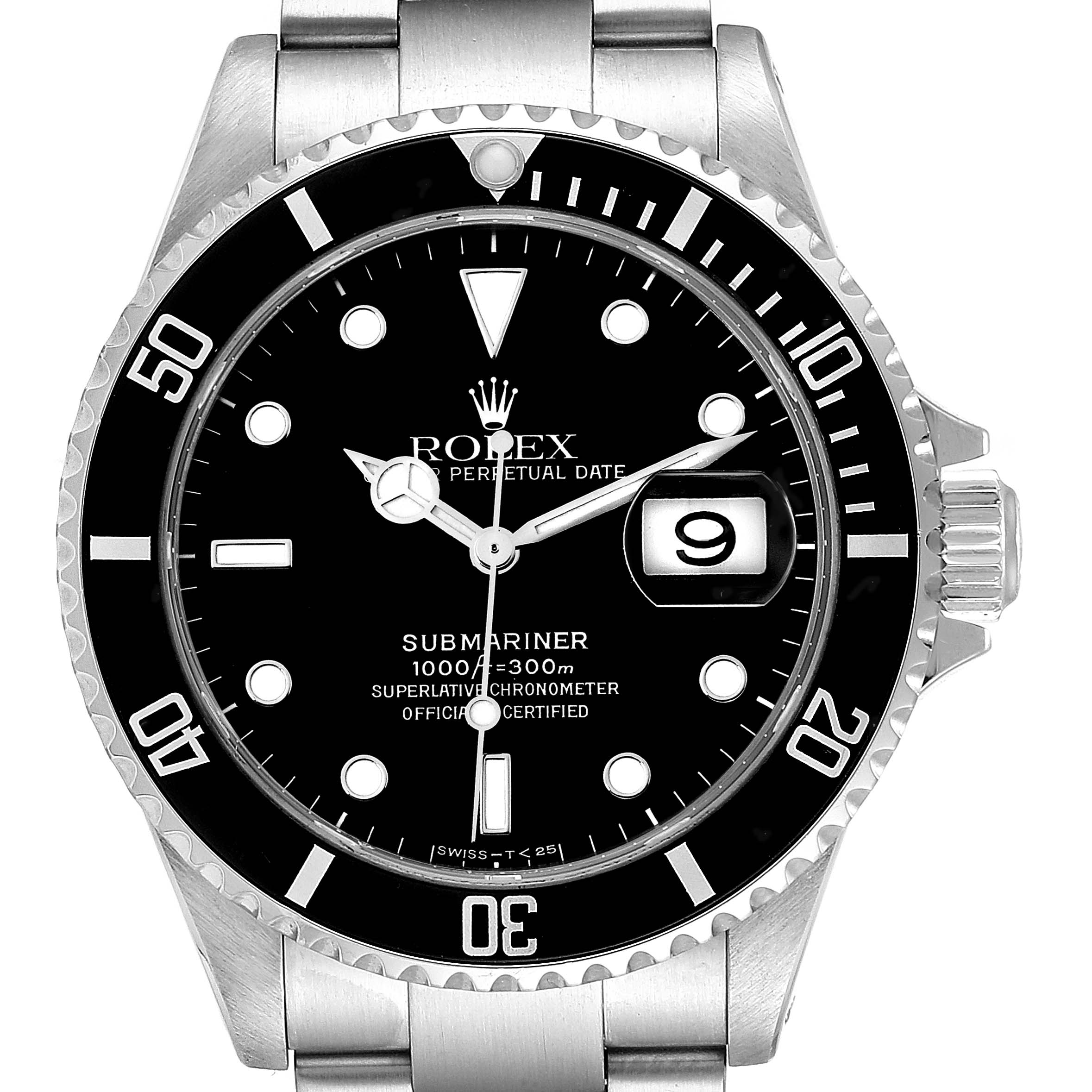 This image shows a frontal view of the Rolex Submariner 16610 Men's Stainless Steel Black Dial 16610 Men's Stainless Steel Black Dial watch, displaying its dial, bezel, and part of the bracelet.