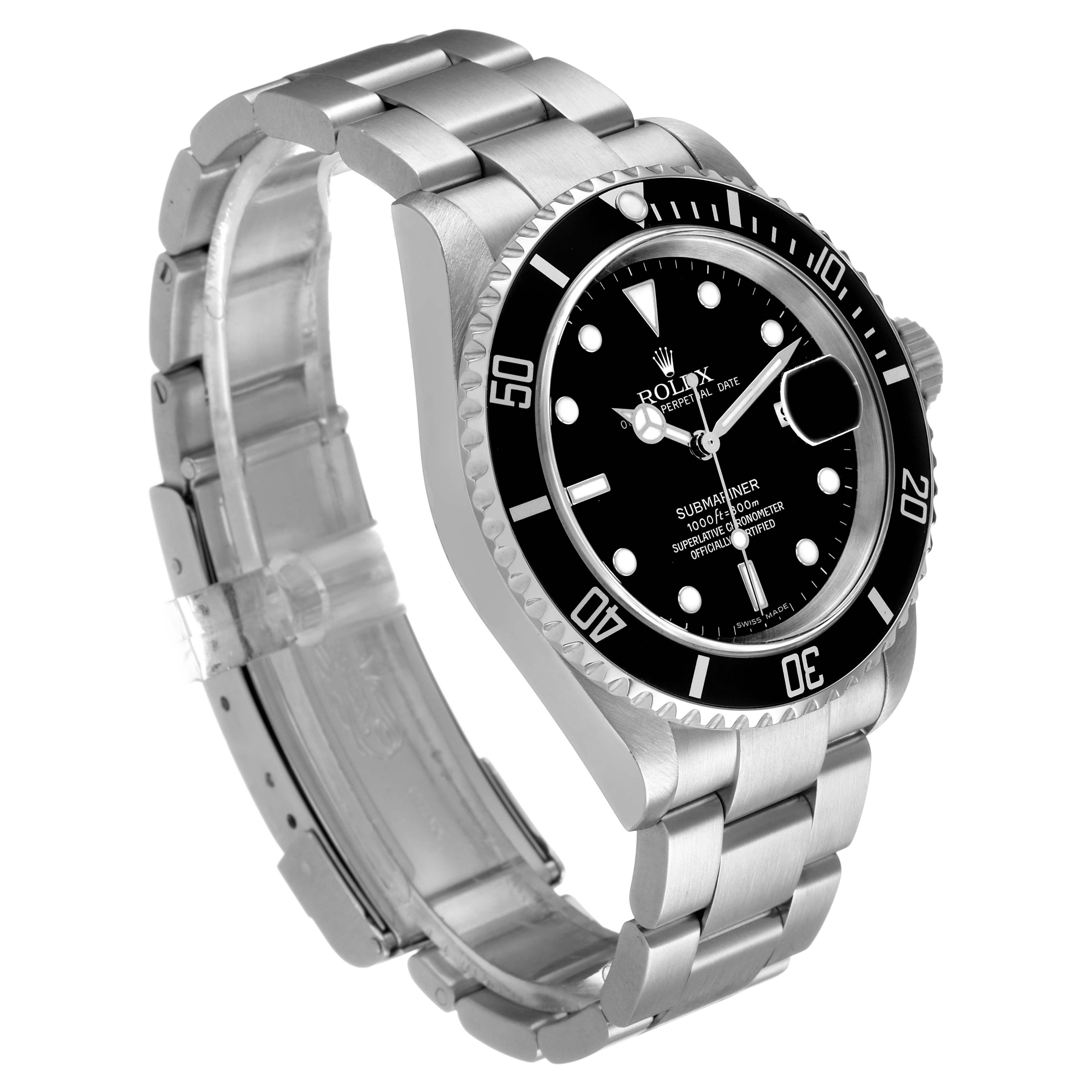 The Rolex Submariner 16610 Men's Stainless Steel Black Dial watch is shown at a three-quarter angle, highlighting the dial, bezel, and bracelet.