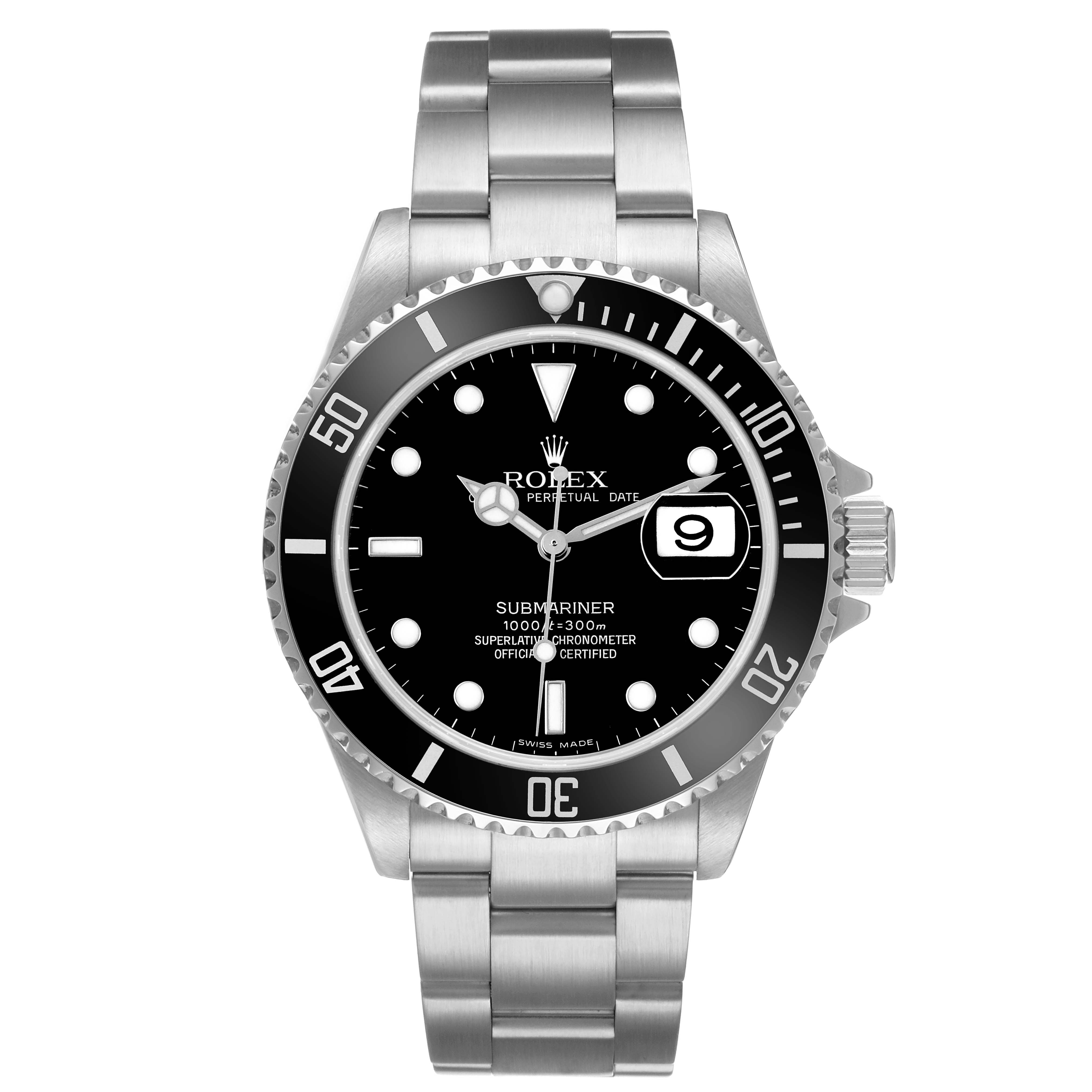 The Rolex Submariner 16610 Men's Stainless Steel Black Dial watch is shown from a front angle, displaying the face, bezel, crown, and bracelet clearly.