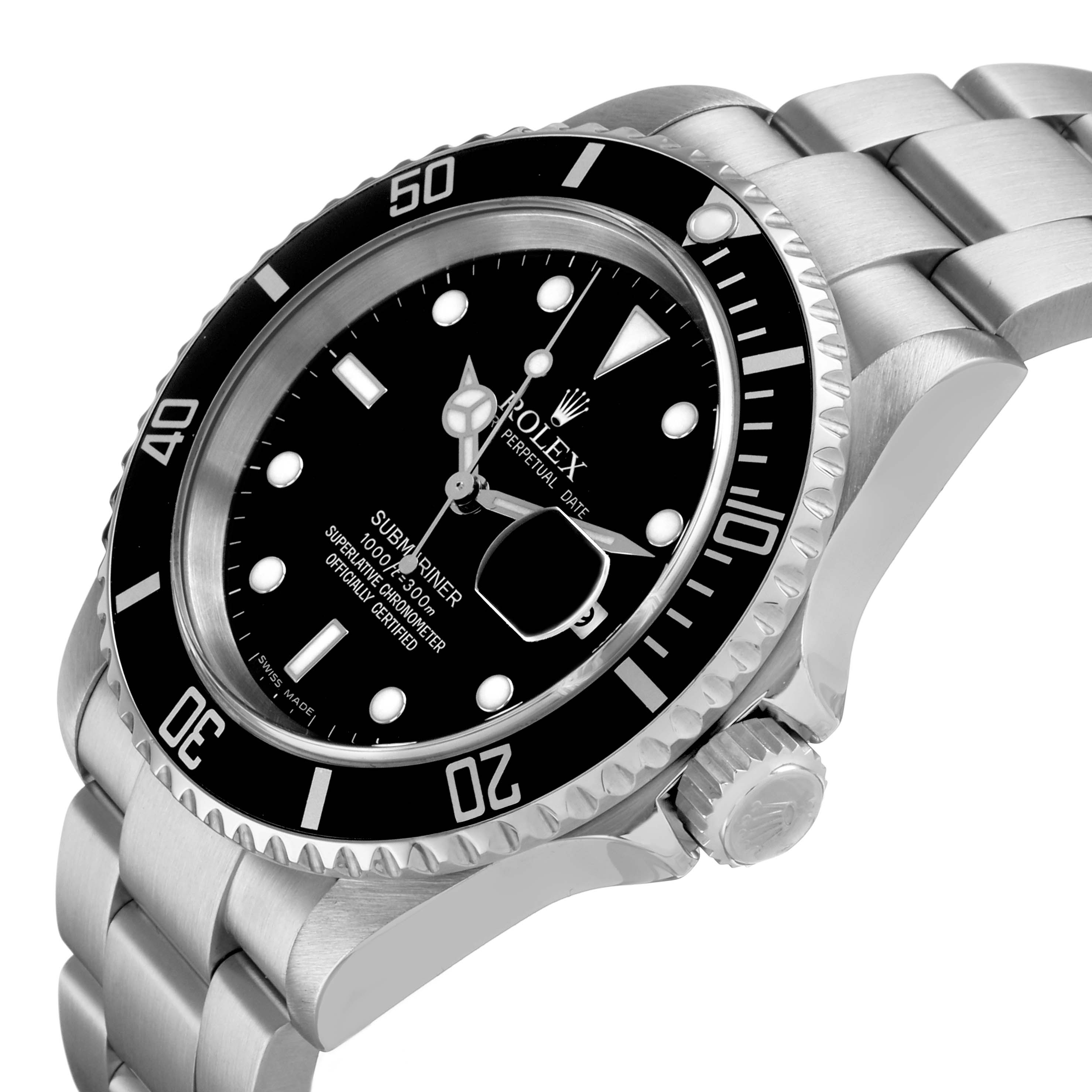 The Rolex Submariner 16610 Men's Stainless Steel Black Dial watch is shown at a three-quarter angle, highlighting the bezel, dial, and bracelet.