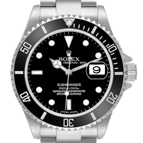 The Rolex Submariner 16610 Men's Stainless Steel Black Dial is shown from the front, highlighting the dial, bezel, and crown.