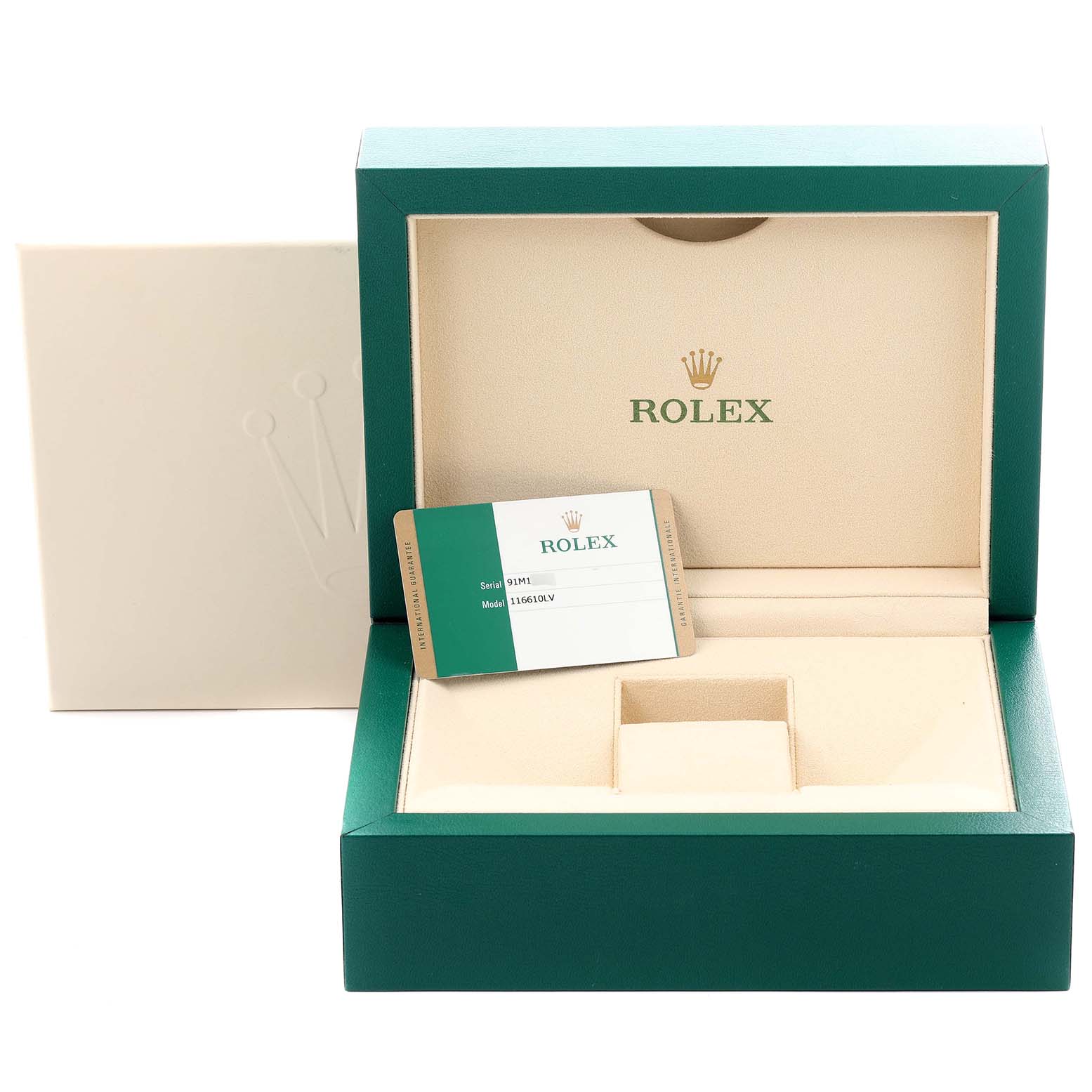 The image shows a Rolex Submariner 116610LV Men's Stainless Steel Green Dial 116610LV Men's Stainless Steel Green Dial watch box and card from a front angle, without the watch itself.