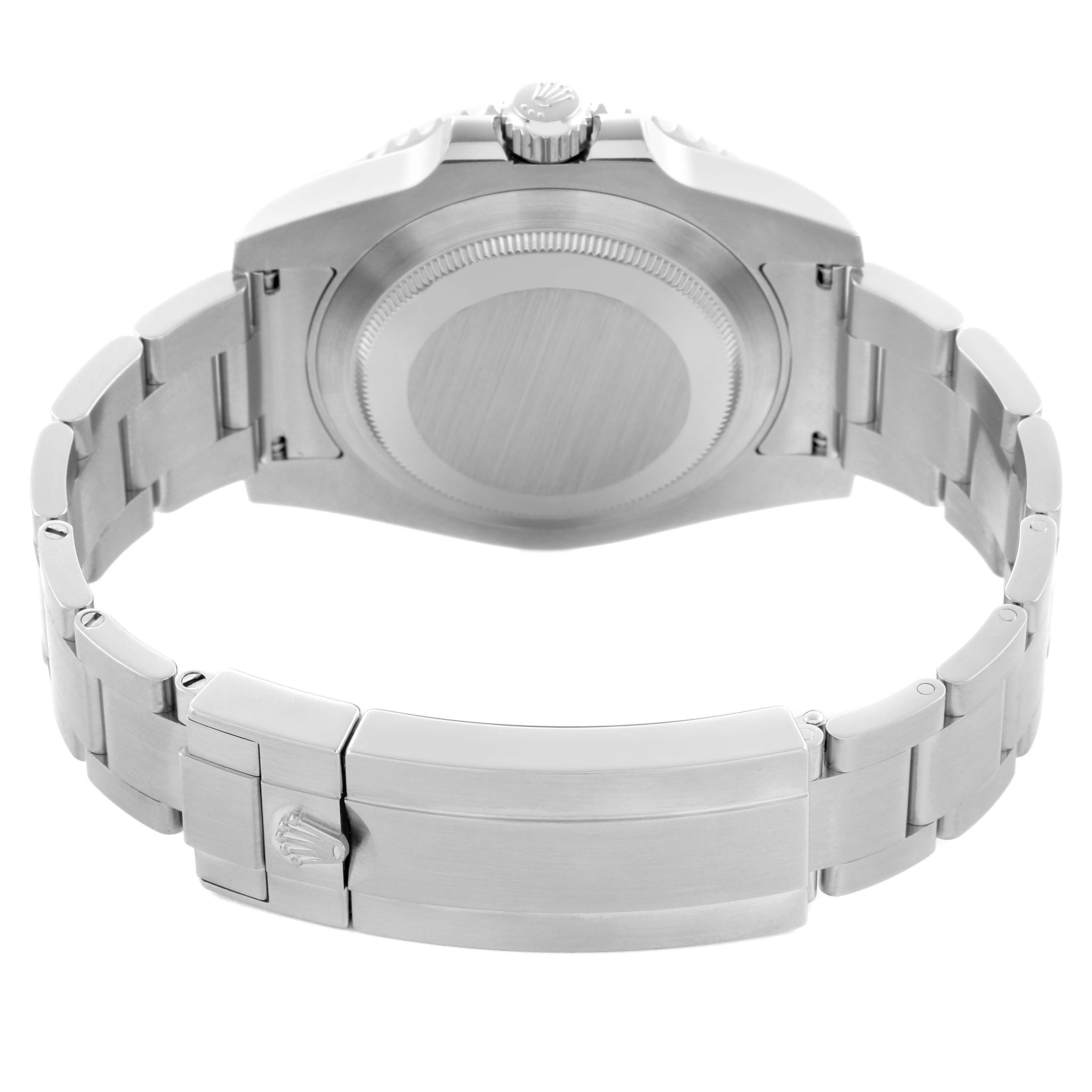 The image shows the back of a Rolex Submariner 116610LV Men's Stainless Steel Green Dial 116610LV Men's Stainless Steel Green Dial watch, highlighting the closed clasp and bracelet.