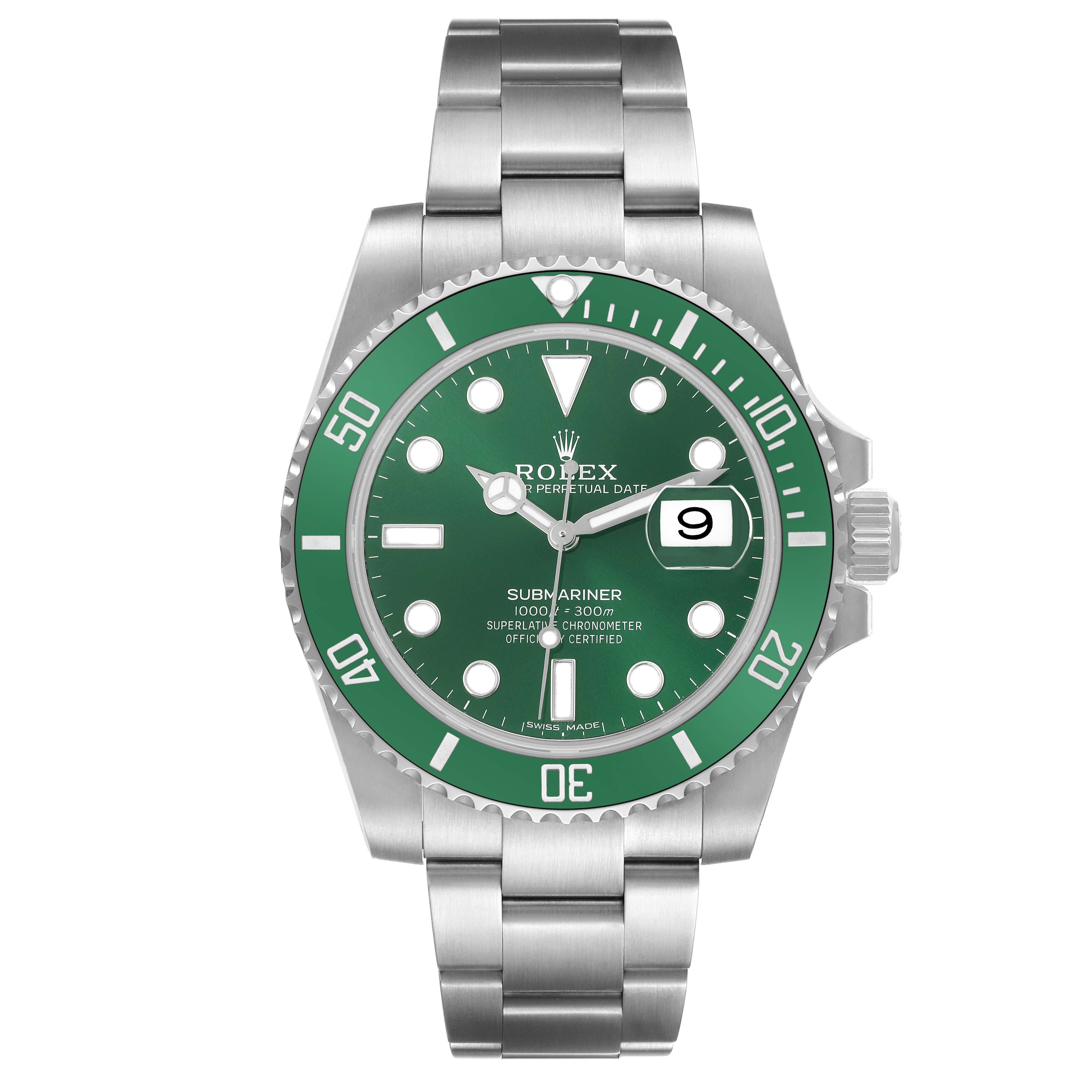 The Rolex Submariner 116610LV Men's Stainless Steel Green Dial 116610LV Men's Stainless Steel Green Dial watch is shown from a front angle, displaying its green dial, bezel, and metal bracelet.