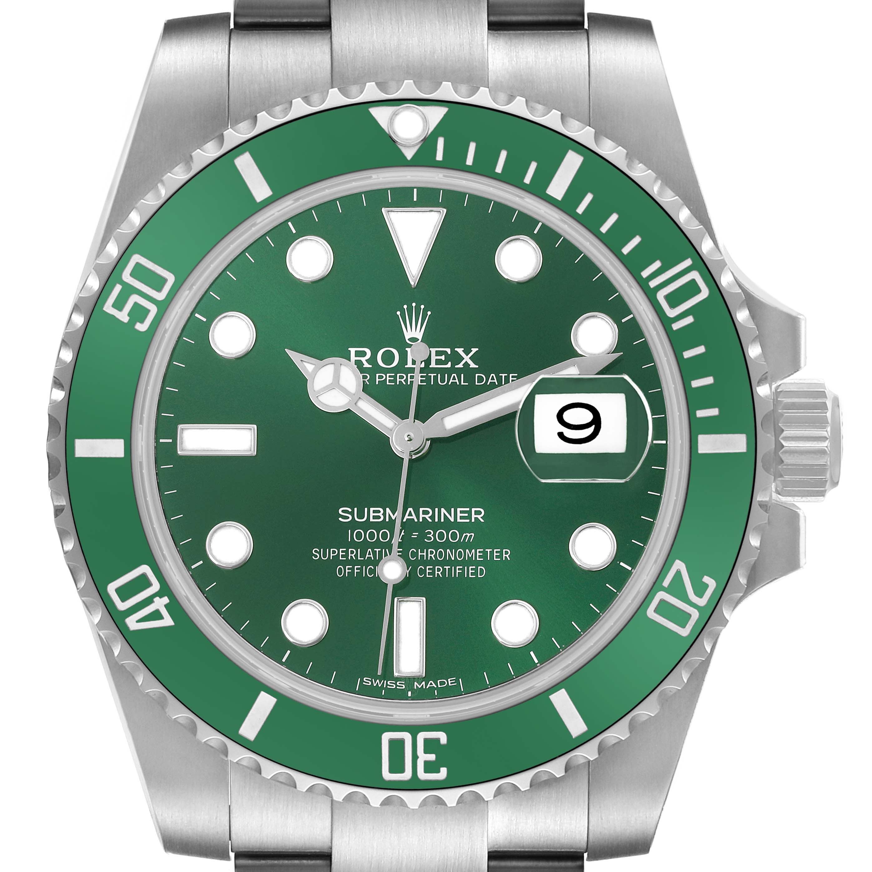 The Rolex Submariner 116610LV Men's Stainless Steel Green Dial 116610LV Men's Stainless Steel Green Dial watch is shown from a front angle, featuring its green dial, bezel, and date window.