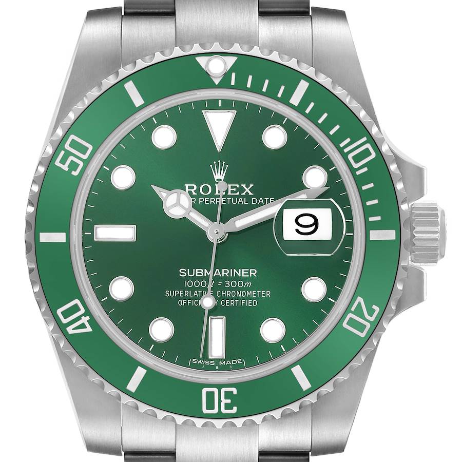 The Rolex Submariner watch is shown from a front angle, featuring its green dial, bezel, and date window.