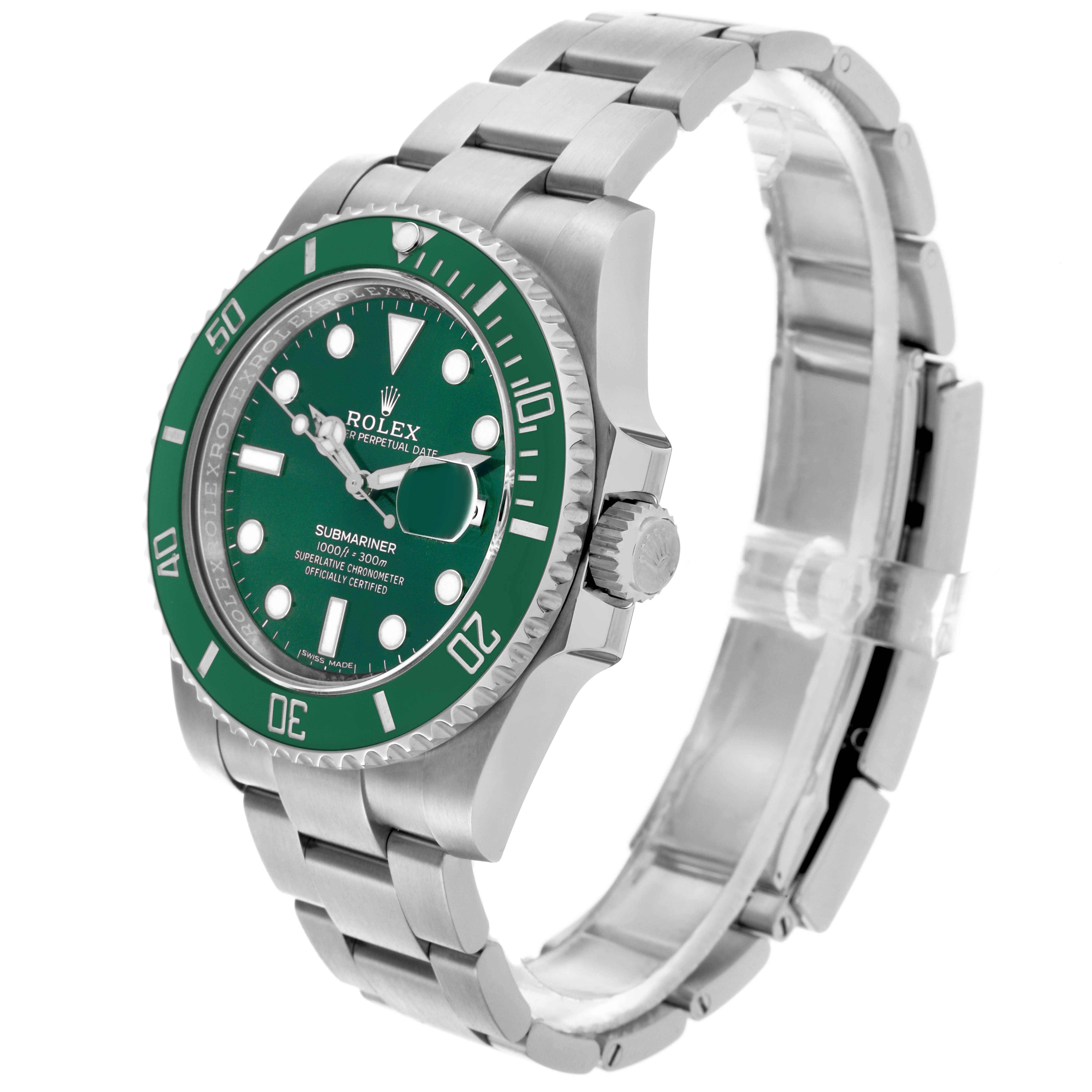 The Rolex Submariner 116610LV Men's Stainless Steel Green Dial 116610LV Men's Stainless Steel Green Dial watch is shown at a three-quarter angle, highlighting the dial, bezel, crown, and bracelet.