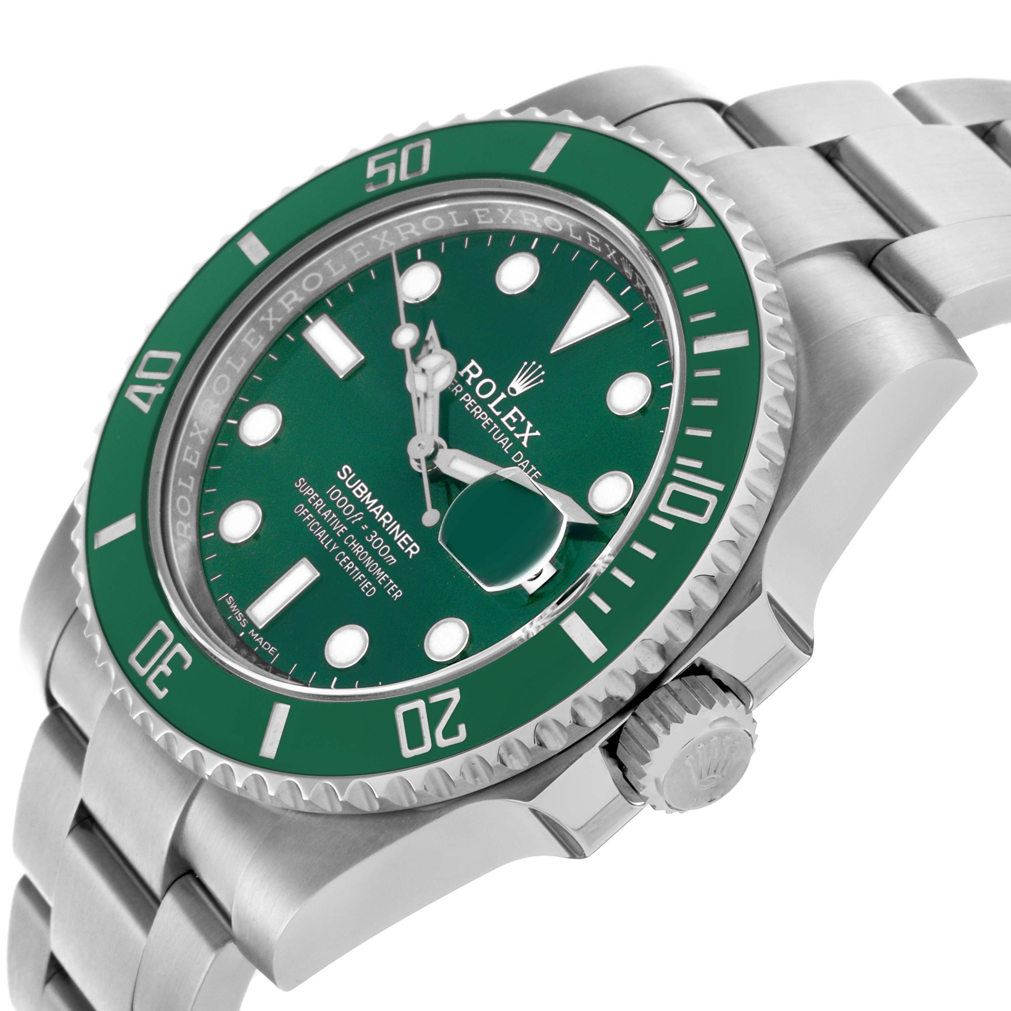 The Rolex Submariner 116610LV Men's Stainless Steel Green Dial 116610LV Men's Stainless Steel Green Dial watch is shown at an angled view highlighting the bezel, dial, and part of the bracelet.