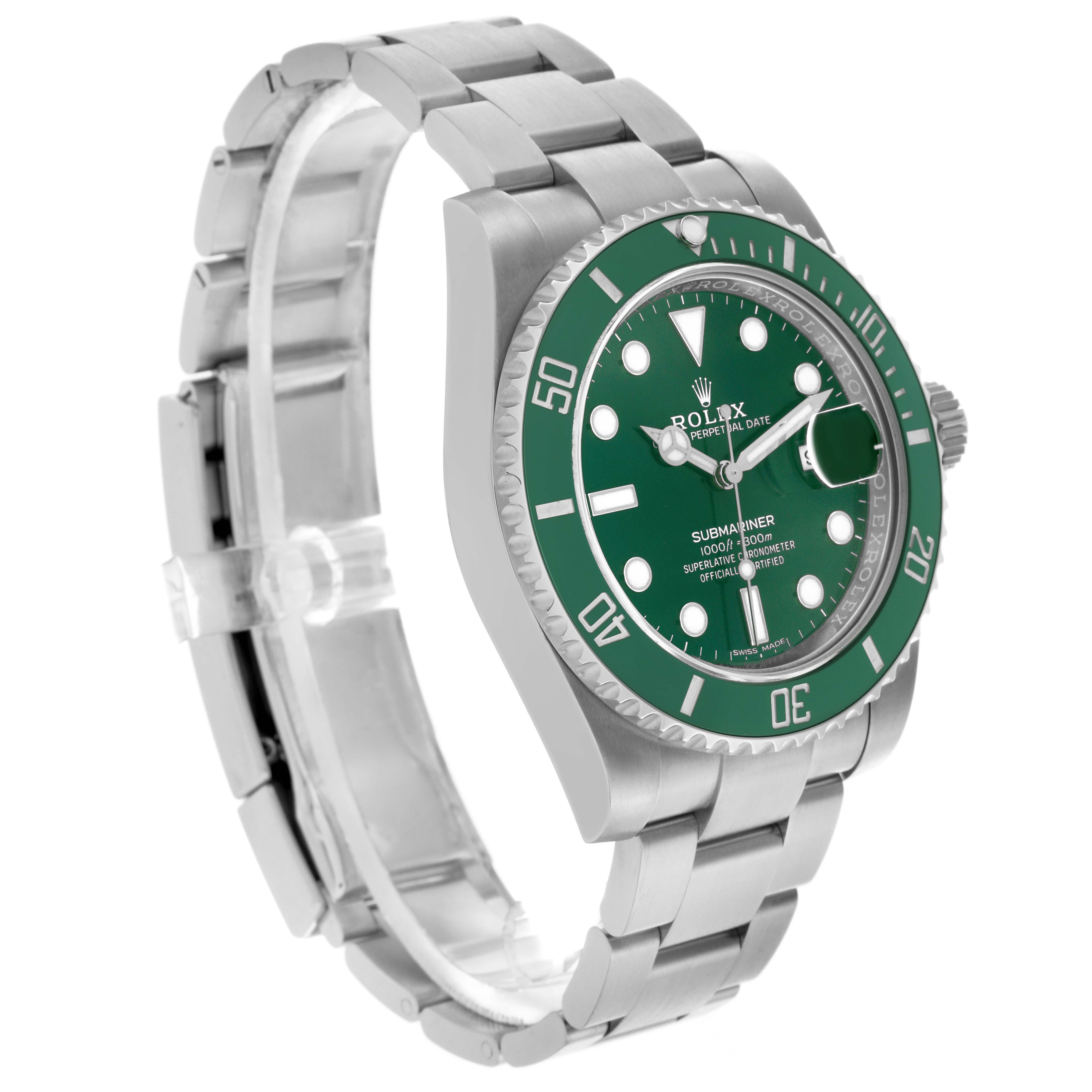 The Rolex Submariner 116610LV Men's Stainless Steel Green Dial 116610LV Men's Stainless Steel Green Dial is shown at a three-quarter angle, highlighting the case, bracelet, green bezel, and dial.