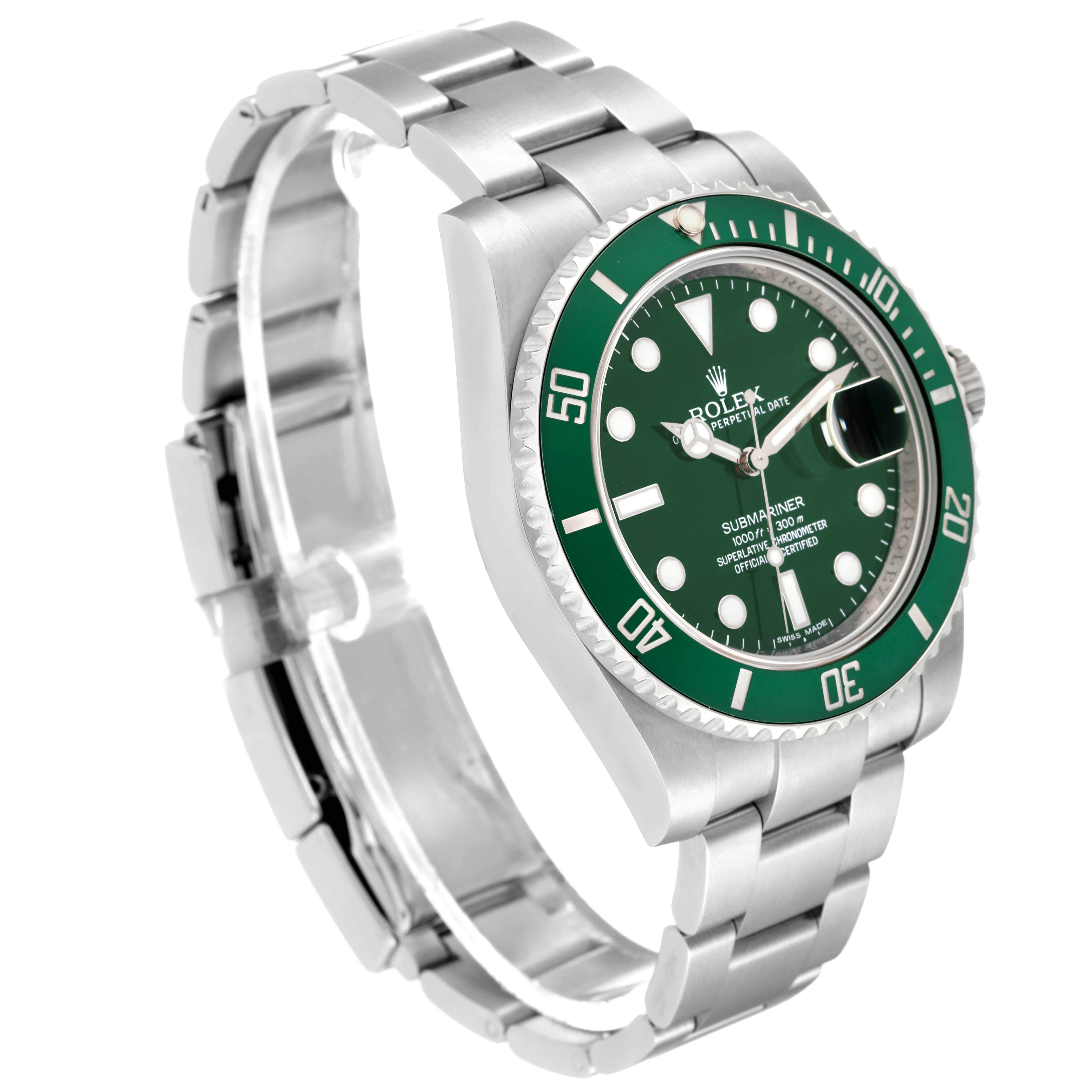 The Rolex Submariner 116610LV Men's Stainless Steel Green Dial 116610LV Men's Stainless Steel Green Dial watch is shown at a three-quarters angle, highlighting its green dial, bezel, and stainless steel bracelet.