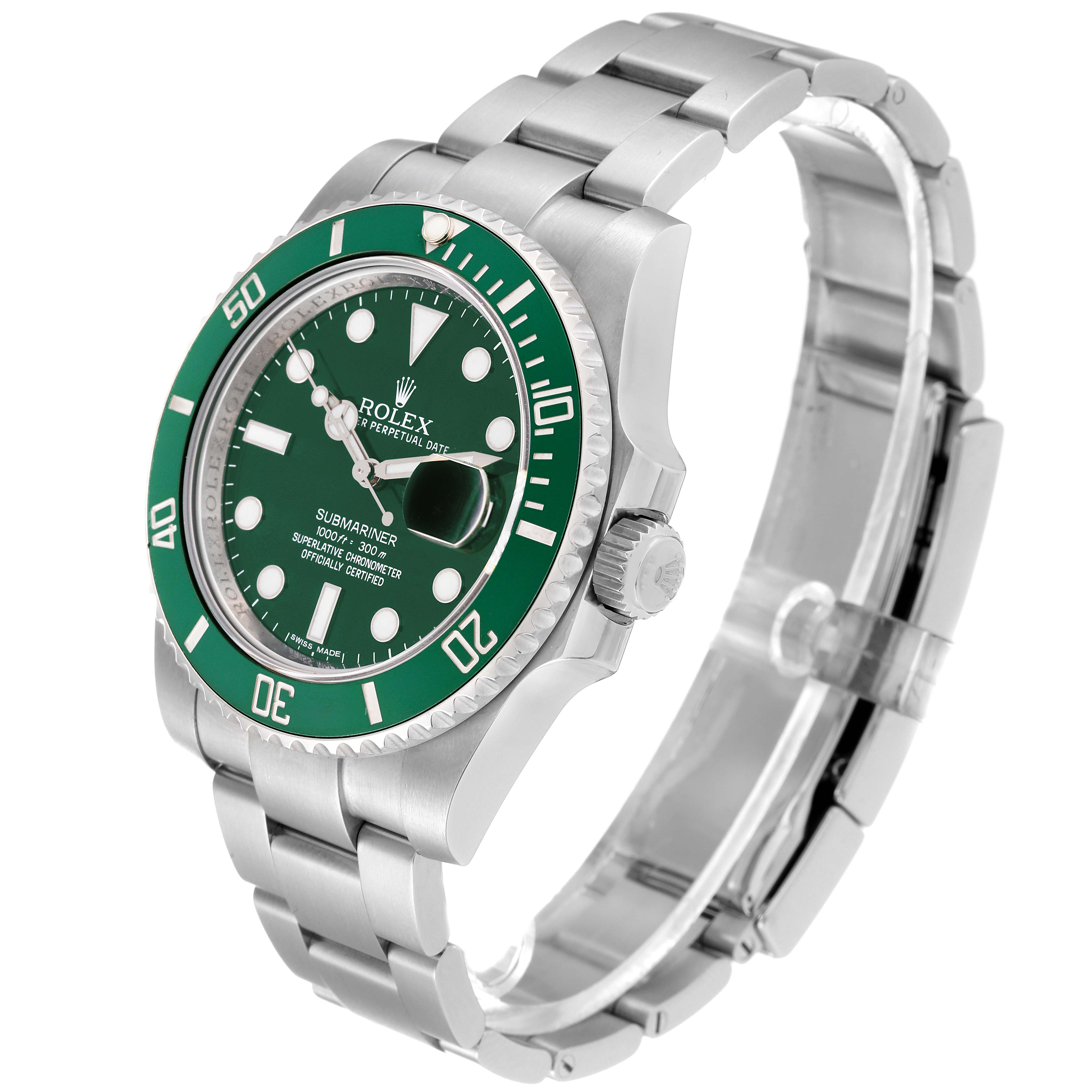 The image shows a Rolex Submariner 116610LV Men's Stainless Steel Green Dial 116610LV Men's Stainless Steel Green Dial watch at a 3/4 angle, highlighting its green bezel, dial, and metal bracelet.