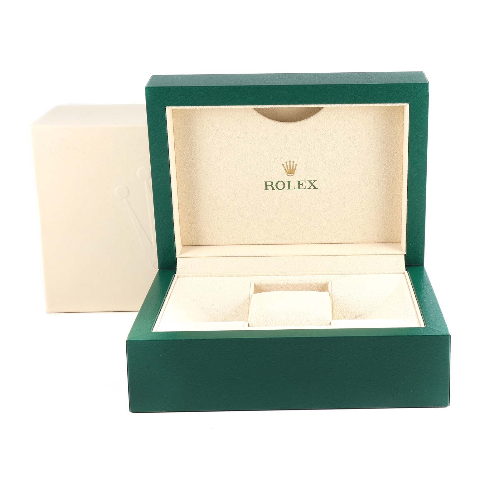 The image shows an open Rolex Submariner 116610LV Men's Stainless Steel Green Dial 116610LV Men's Stainless Steel Green Dial watch box at a front angle, displaying its inner cushion and logo.