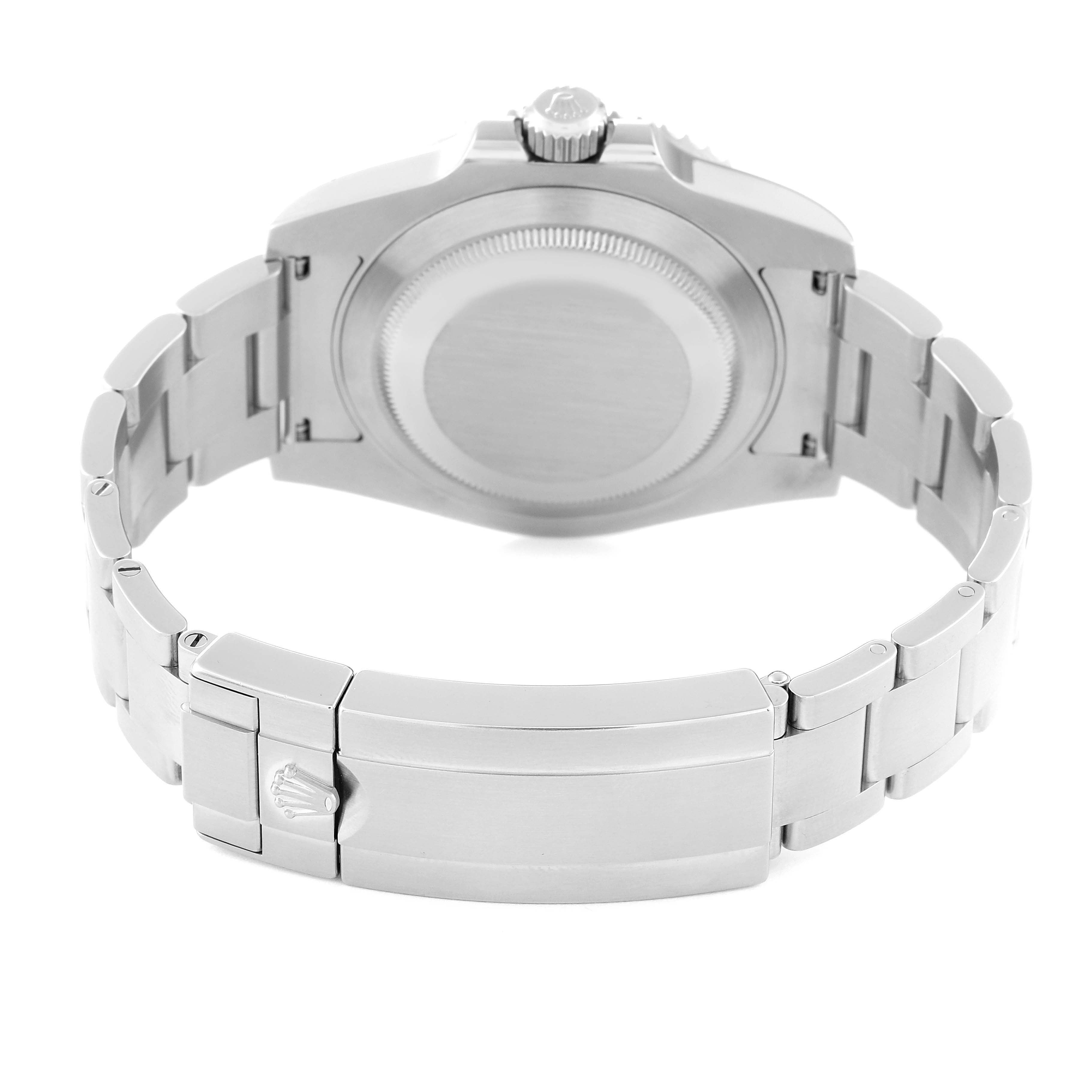 The image shows the back view of a Rolex Submariner 116610LV Men's Stainless Steel Green Dial 116610LV Men's Stainless Steel Green Dial watch focusing on its case back and bracelet.