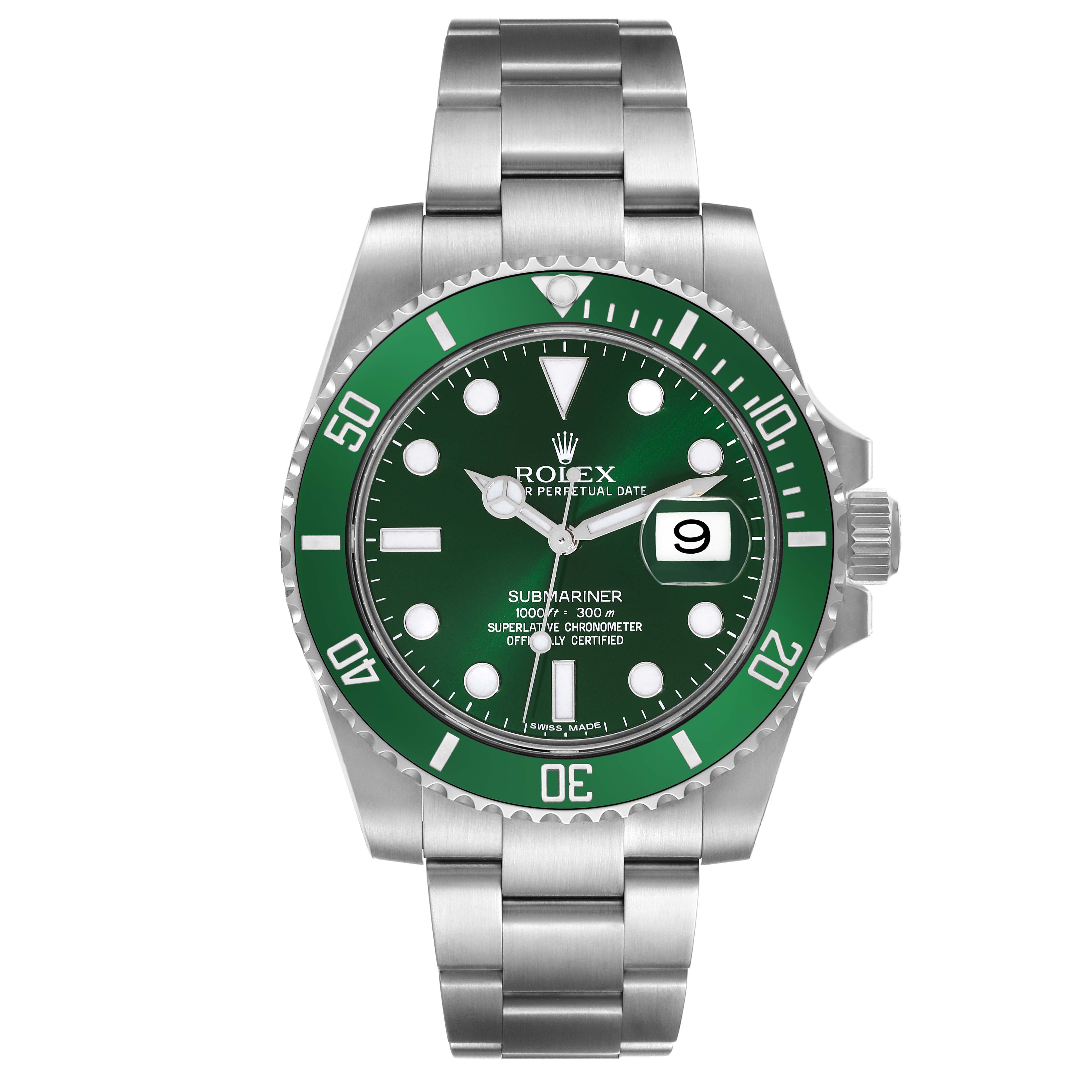 The image shows a front view of a Rolex Submariner 116610LV Men's Stainless Steel Green Dial 116610LV Men's Stainless Steel Green Dial watch with a green bezel and dial.
