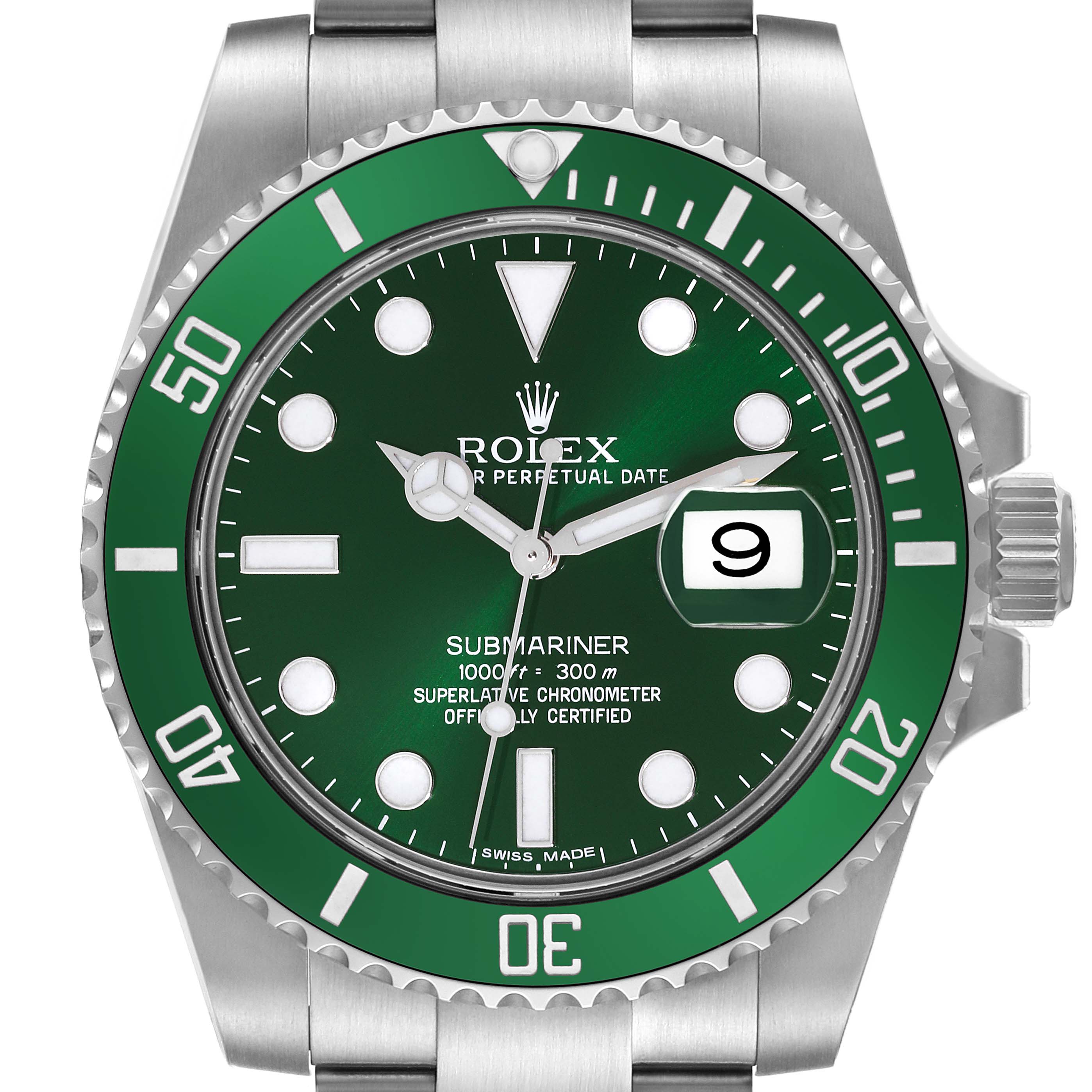 The image depicts a Rolex Submariner 116610LV Men's Stainless Steel Green Dial 116610LV Men's Stainless Steel Green Dial watch from a front angle, highlighting the green dial and bezel, date window, and crown.