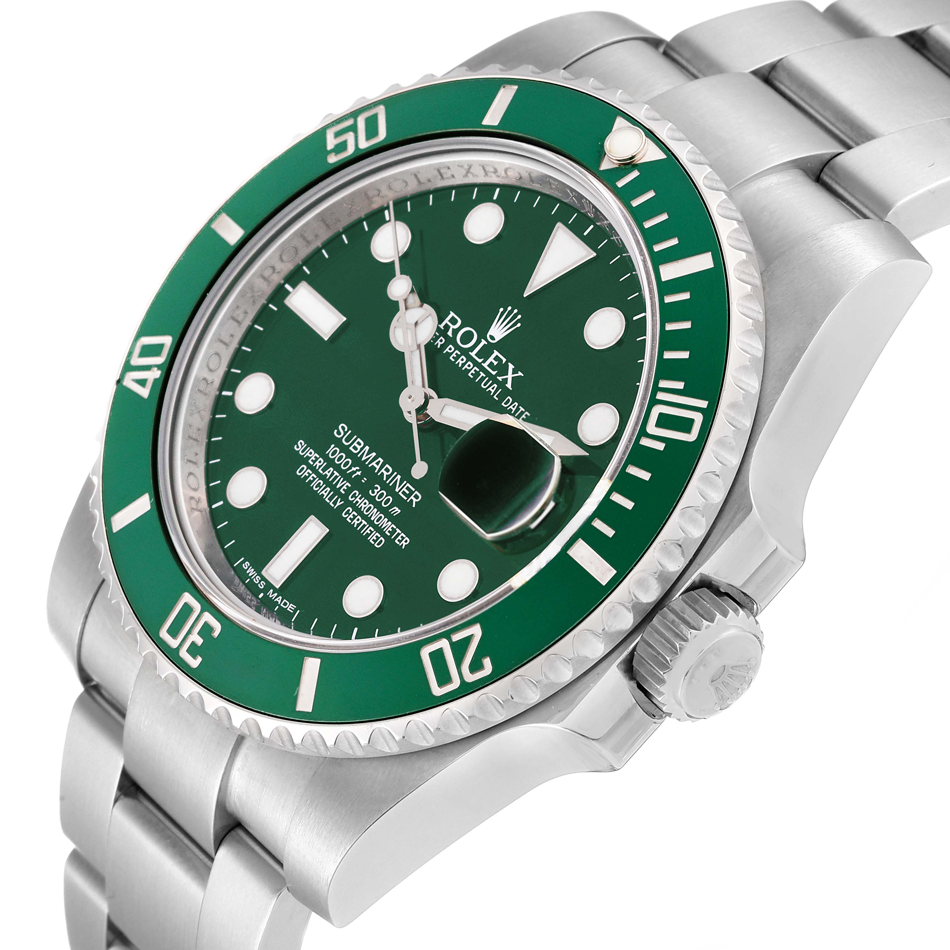 This image shows a close-up of the Rolex Submariner 116610LV Men's Stainless Steel Green Dial 116610LV Men's Stainless Steel Green Dial watch, focusing on the dial, bezel, and part of the bracelet at an angle.