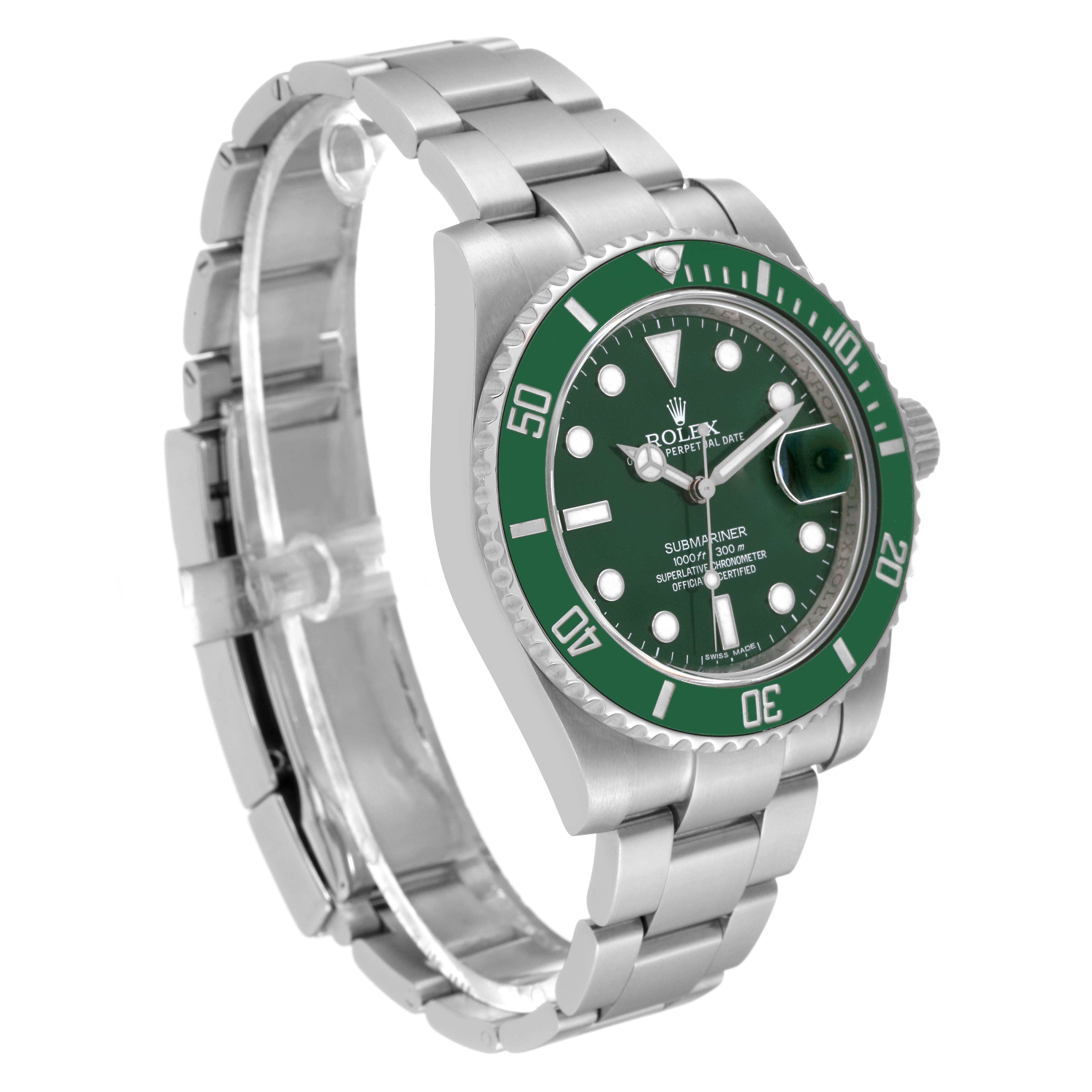 The image shows a Rolex Submariner 116610LV Men's Stainless Steel Green Dial 116610LV Men's Stainless Steel Green Dial watch at a three-quarter angle, displaying the face, bezel, and bracelet.