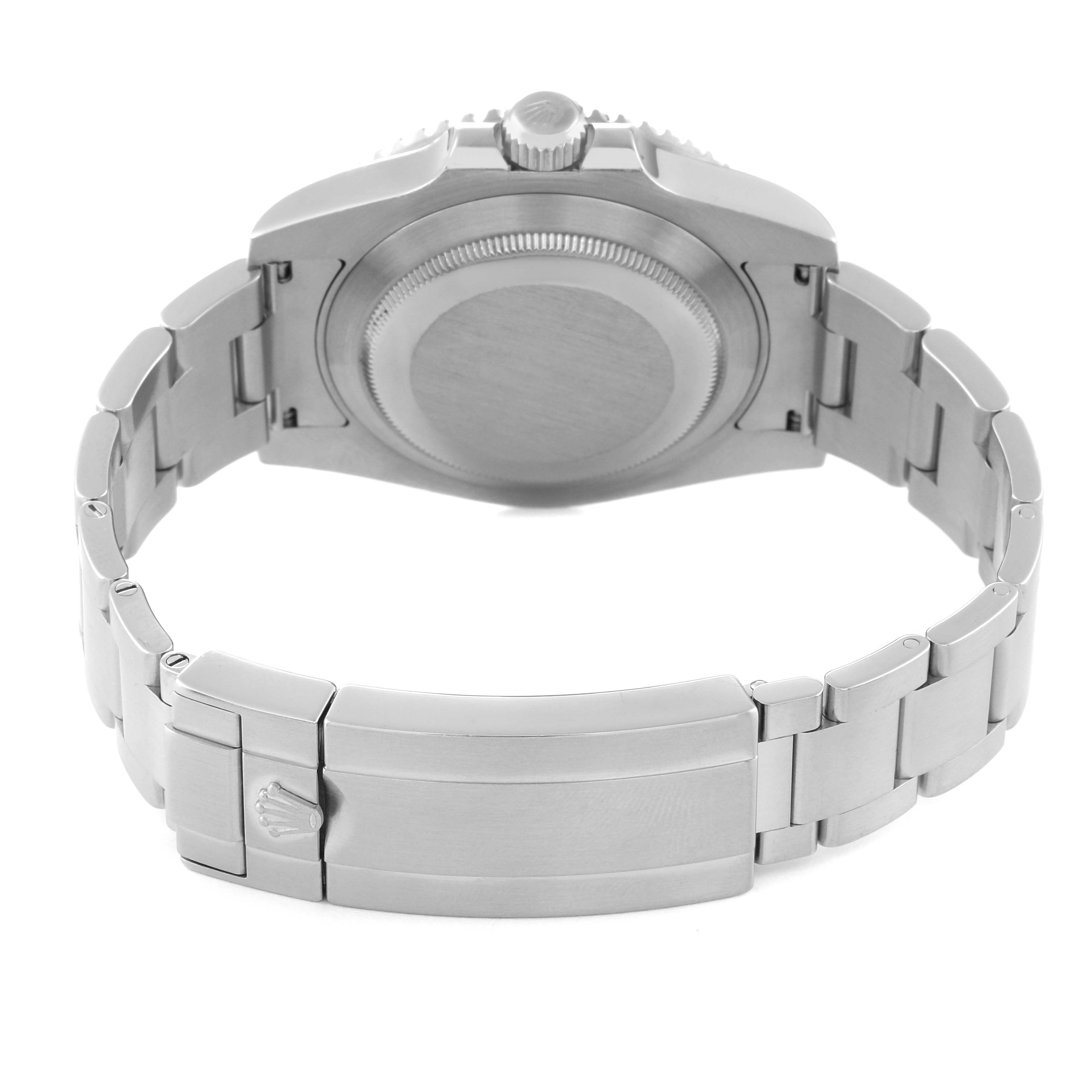 This image shows the back case and metallic bracelet of a Rolex Submariner 116610LV Men's Stainless Steel Green Dial 116610LV Men's Stainless Steel Green Dial watch from a rear angle.