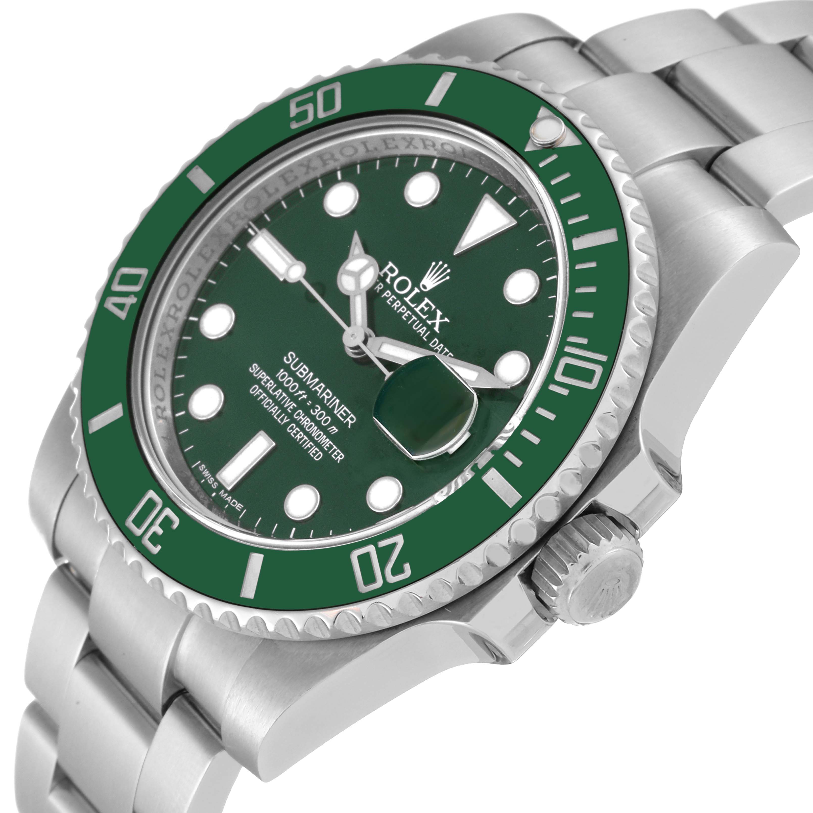 The image shows the Rolex Submariner 116610LV Men's Stainless Steel Green Dial 116610LV Men's Stainless Steel Green Dial watch at a slight angle, highlighting the green bezel, dial, crown, and metal bracelet.