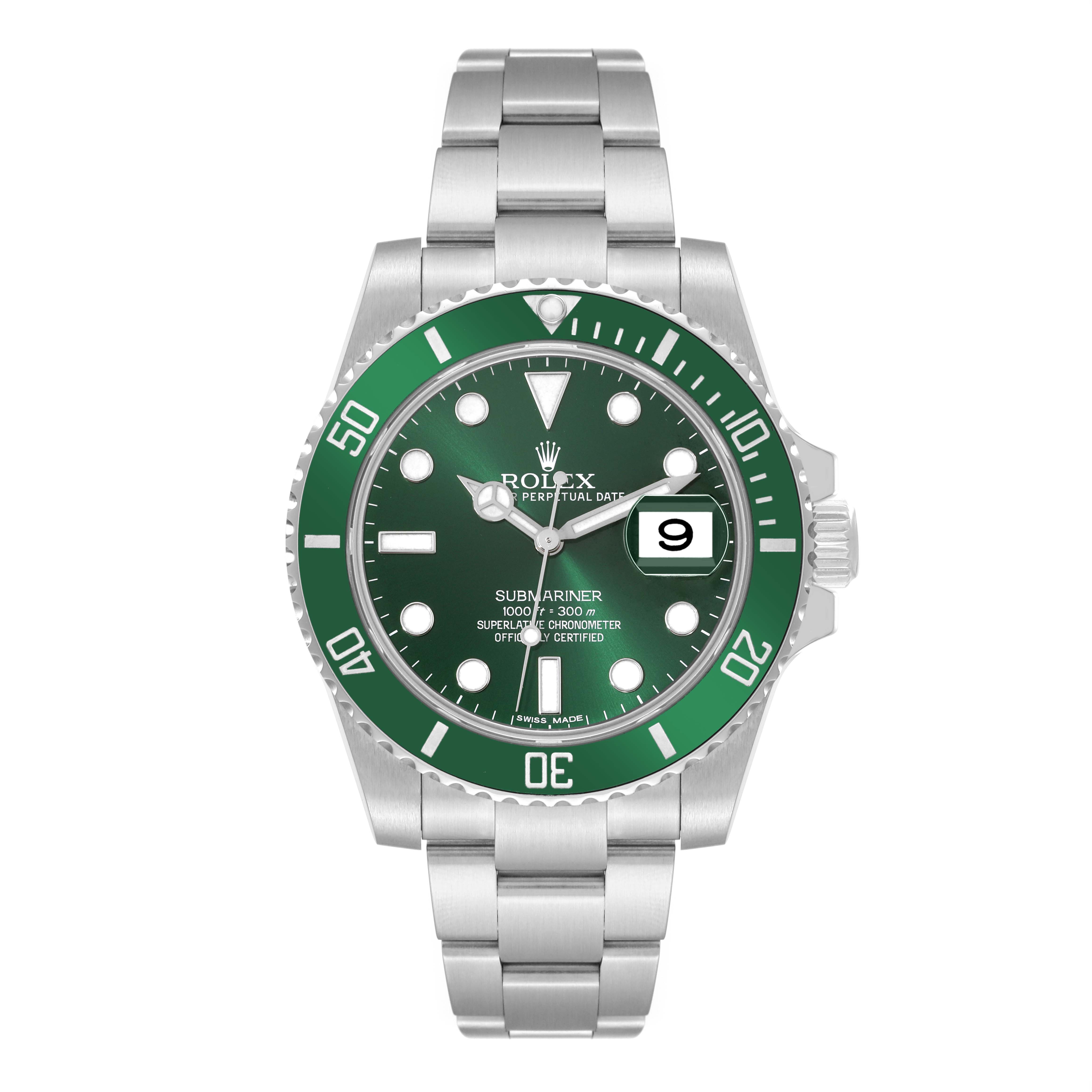 This image shows a Rolex Submariner 116610LV Men's Stainless Steel Green Dial 116610LV Men's Stainless Steel Green Dial model watch from a front view, highlighting its green bezel, dial, and oyster bracelet.